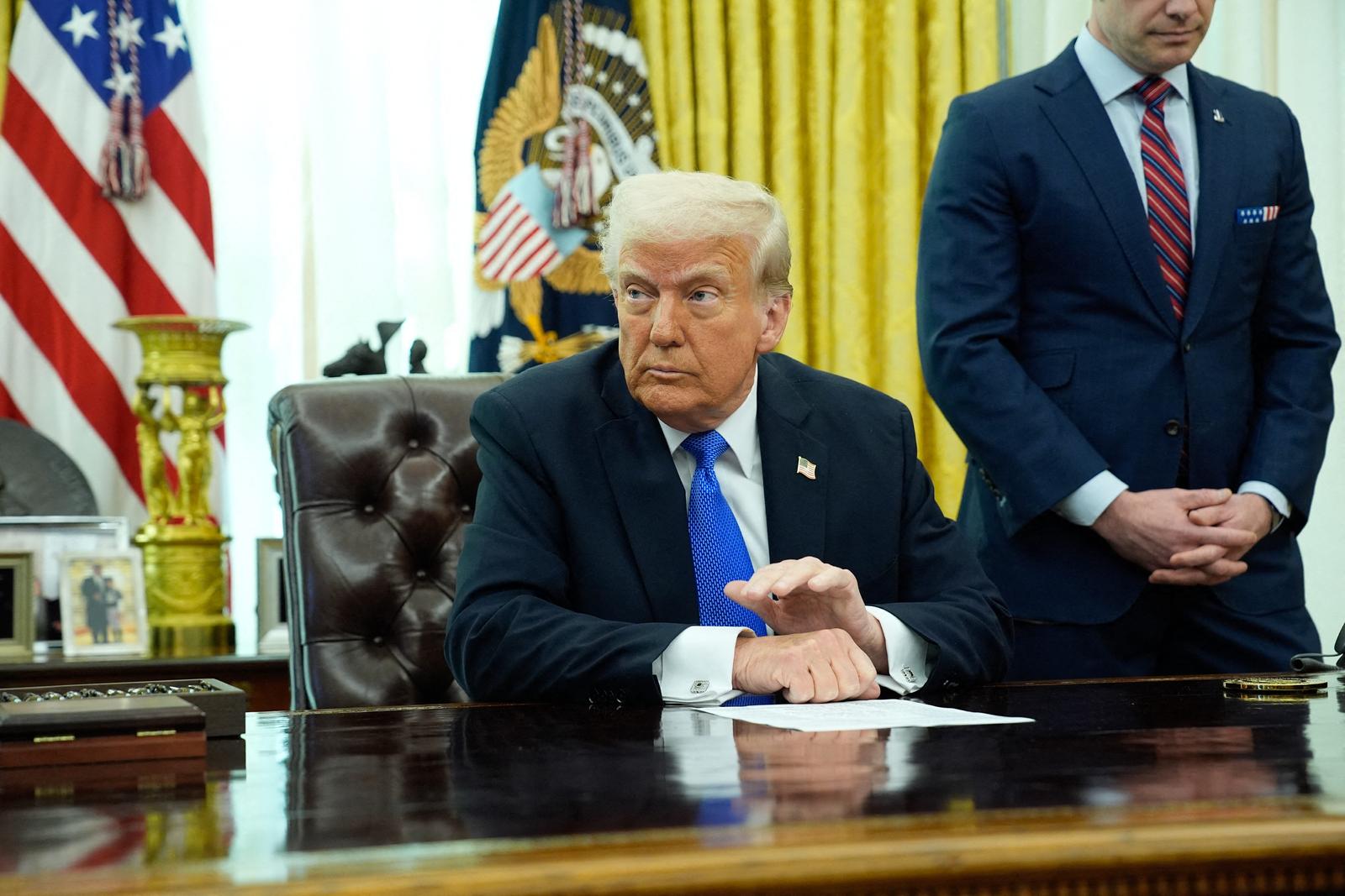US President Donald Trump with Defense Secretary Pete Hegseth announces the F-47 6th generation fighter jet in the Oval Office of the White House in Washington on March 21, 2025. Photo by Yuri Gripas/ABACAPRESS.COM Photo: Gripas Yuri/ABACA/ABACA