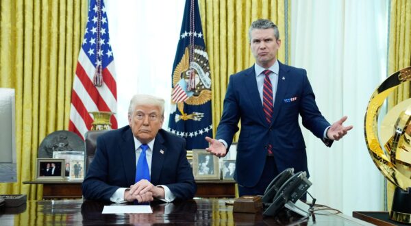 US President Donald Trump with Defense Secretary Pete Hegseth delivers remarks from the Oval Office of the White House in Washington on March 21, 2025. Secretary Hegseth joins the President to announce a major defense program. Photo by Yuri Gripas/ABACAPRESS.COM Photo: Pool/ABACA/ABACA