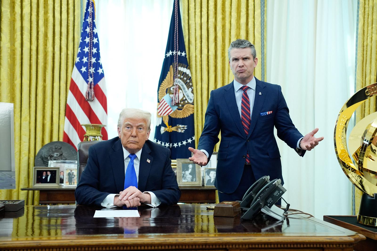 US President Donald Trump with Defense Secretary Pete Hegseth delivers remarks from the Oval Office of the White House in Washington on March 21, 2025. Secretary Hegseth joins the President to announce a major defense program. Photo by Yuri Gripas/ABACAPRESS.COM Photo: Pool/ABACA/ABACA