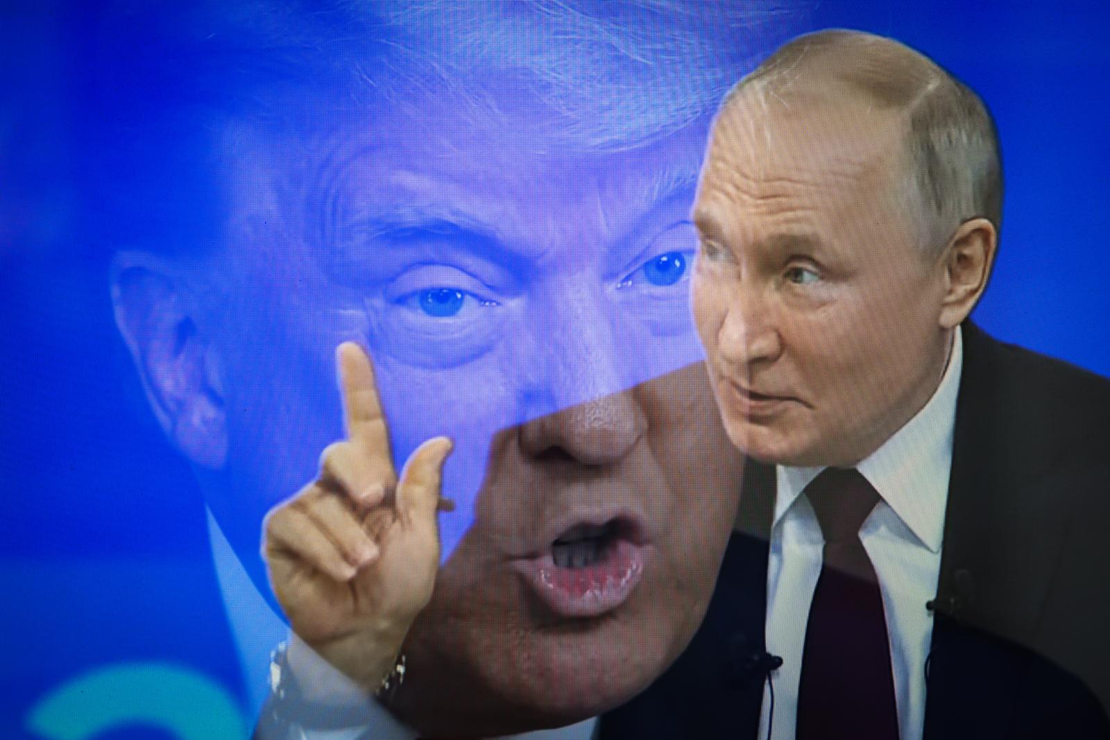 (EDITOR'S NOTE: This image has been created by shooting a TV screen using multiple exposure in the camera)  In this photo illustration, shows the United States President Donald Trump and Russian President Vladimir Putin. A lengthy telephone conversation took place between Russian President Vladimir Putin and US President Donald Trump. The heads of state discussed issues related to artificial intelligence, the Middle East and energy. The main topic was the issue of a settlement in Ukraine. Donald Trump spoke in favor of an early cessation of hostilities and a peaceful solution to the problem. Vladimir Putin, for his part mentioned the need to eliminate the root causes of the conflict and agreed with Donald Trump that a long-term settlement can be achieved through peaceful negotiations. Both sides instructed their teams to begin negotiations "immediately." The negotiations on the American side will be led by Secretary of State Marco Rubio, CIA Director John Ratcliffe, National Security Advisor Michael Waltz and Special Envoy Steve Witkoff. According to the latest information, an American delegation of high-ranking officials from the Trump administration has traveled to Saudi Arabia for talks with the Russian side. (Photo by Artem Priakhin / SOPA Images/Sipa USA) *** Strictly for editorial news purposes only *** Photo: SOPA Images/SIPA USA