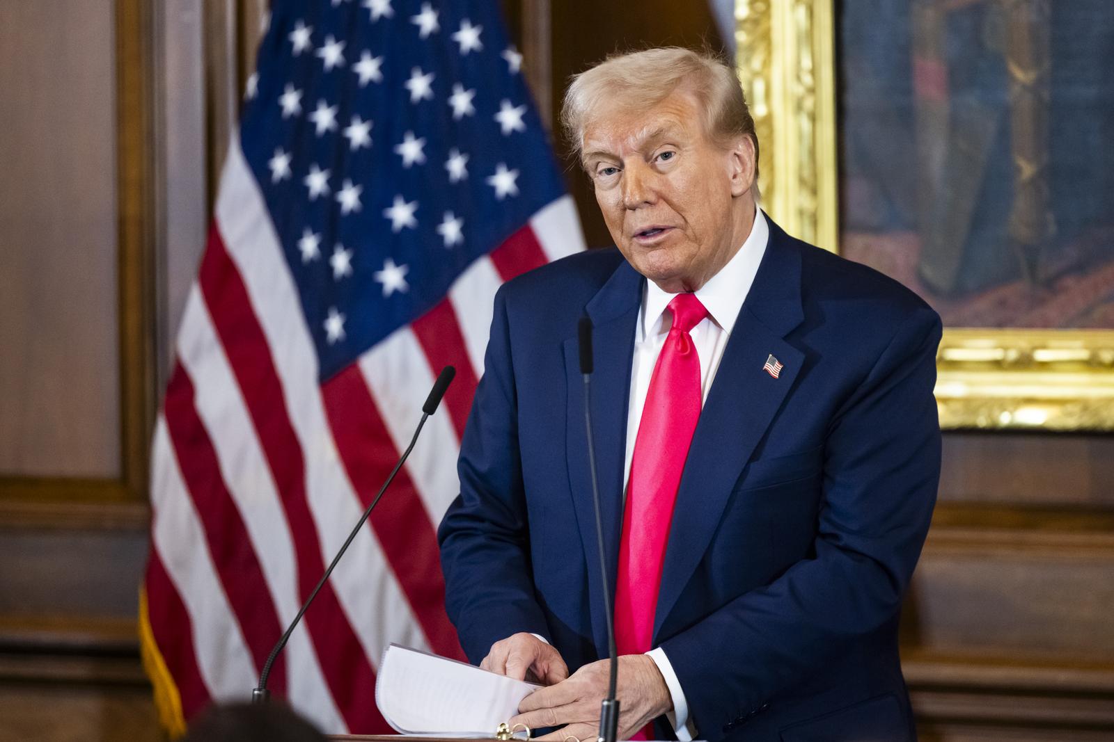 US President Donald Trump joins the Taoiseach of Ireland Micheal Martin and Speaker of the House Mike Johnson at the Friends of Ireland Luncheon at the US Capitol in Washington DC, USA, 12 March 2025.  The Irish leaders visit comes as the EU hit the US with retaliatory tariffs on $28 billion dollars worth of US exports. Credit: Jim LoScalzo / Pool via CNP Photo via Newscom Photo: Jim LoScalzo - Pool via CNP/NEWSCOM
