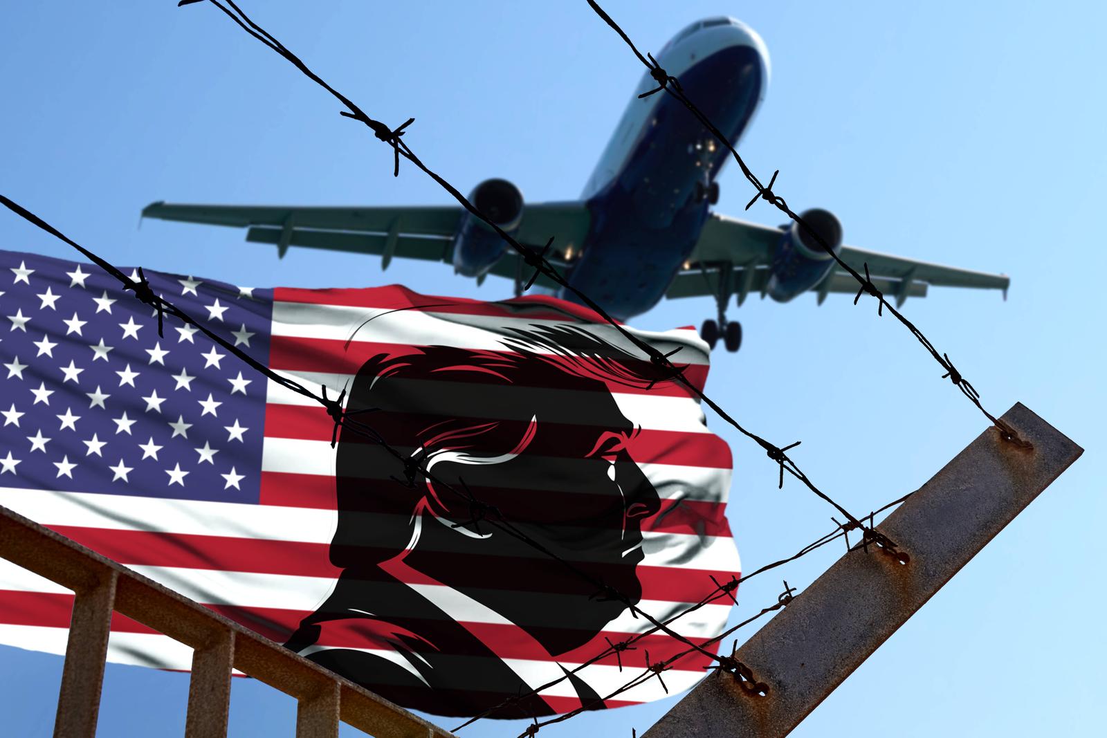 January 22, 2025: Donald Trump plans to deport millions of illegal immigrants from the USA. Symbolic image shows plane, barbed wire and the American flag with a stylized Trump portrait. Depiction of the United States migration policy and border security. PHOTOMONTAGE *** Donald Trump plant die Abschiebung von Millionen illegal Eingewanderten aus den USA. Symbolbild zeigt Flugzeug, Stacheldraht und die amerikanische Flagge mit einem stilisierten Trump-Porträt. Darstellung der Migrationspolitik und Grenzsicherung der Vereinigten Staaten. FOTOMONTAGE Photo: IMAGO/Michael Bihlmayer/IMAGOSTOCK&PEOPLE