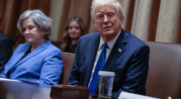 United States President Donald J. Trump, with White House Chief of Staff Susan Wiles (L), responds to a question from the news media during a meeting with Ambassador nominees in the Cabinet Room of the White House in Washington, DC, USA 25 March 2025. The president took questions that largely concentrated on the controversial Signal text string between the President’s national security staff regarding US attacks in Yemen.
Credit: Shawn Thew / Pool via CNP/AdMedia Photo: CNP/AdMedia/NEWSCOM