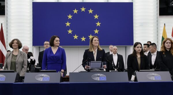 epa11955598 (L-R) Activist Palina Sharenda-Panasiuk of Belarus; Sviatlana Tsikhanouskaya, leader of Belarus' democratic movement; European Parliament President Roberta Metsola; Lenie Umerova of Ukraine, released Crimean Tatar political prisoner; and Tata Kepler of Ukraine, Ukrainian volunteer and humanitarian activist, attend an International Women’s Day Celebration at the European Parliament in Strasbourg, France, 11 March 2025. The EU Parliament's session runs from 10 till 13 March 2025.  EPA/RONALD WITTEK