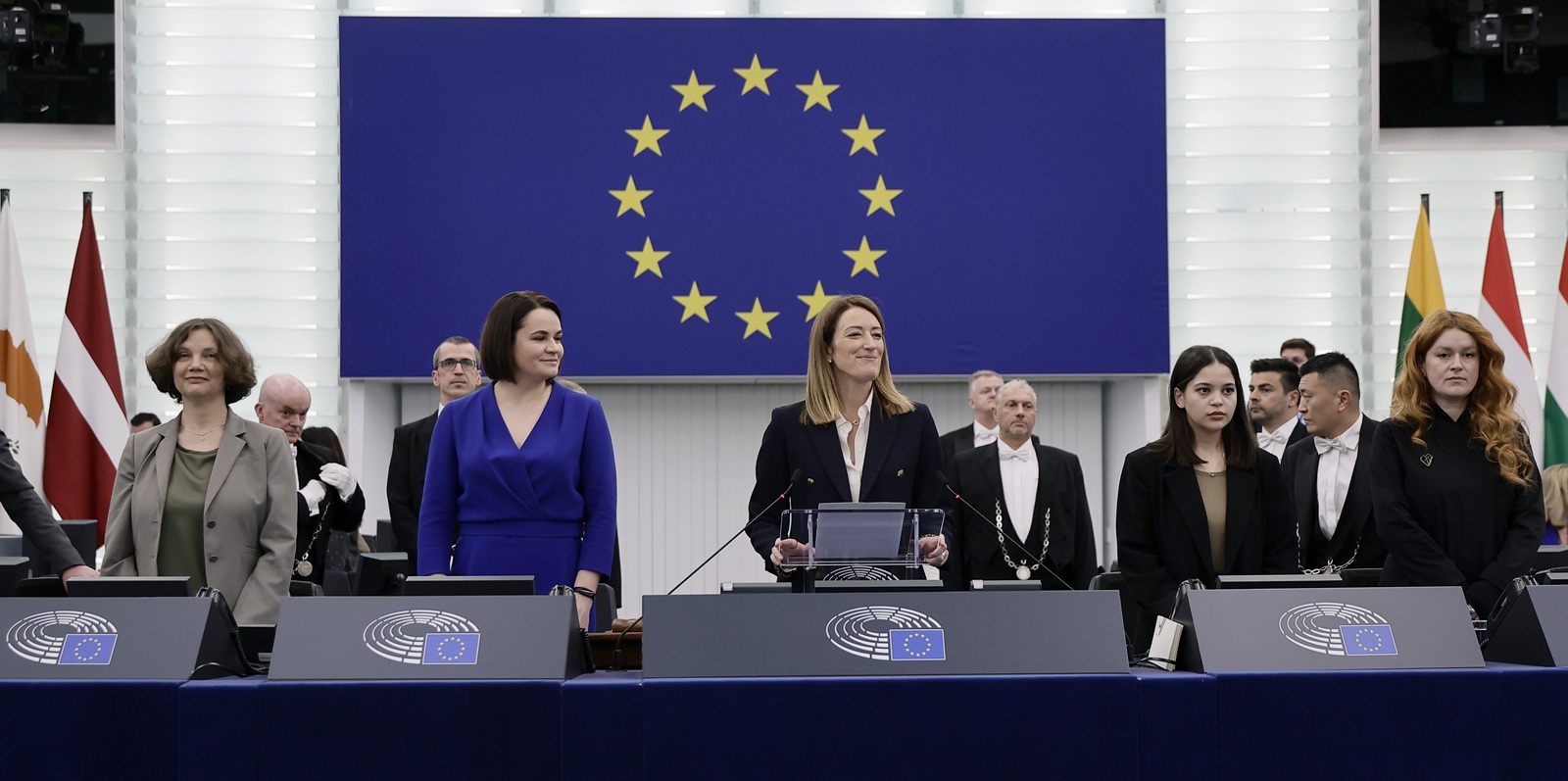 epa11955598 (L-R) Activist Palina Sharenda-Panasiuk of Belarus; Sviatlana Tsikhanouskaya, leader of Belarus' democratic movement; European Parliament President Roberta Metsola; Lenie Umerova of Ukraine, released Crimean Tatar political prisoner; and Tata Kepler of Ukraine, Ukrainian volunteer and humanitarian activist, attend an International Women’s Day Celebration at the European Parliament in Strasbourg, France, 11 March 2025. The EU Parliament's session runs from 10 till 13 March 2025.  EPA/RONALD WITTEK