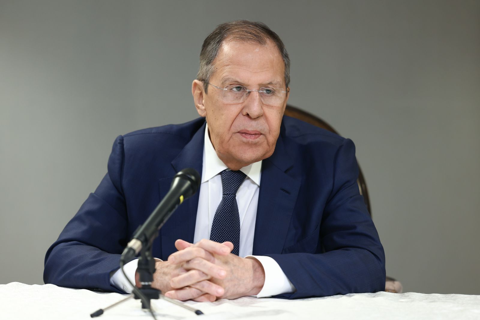 epa11905612 A handout photo made available by the Russian Foreign Ministry Press Service shows Russian Foreign Minister Sergey Lavrov attending a press conference after negotiations with US officials in Riyadh, Saudi Arabia, 18 February 2025. The agenda of the meeting of the Russian presidential aide Yuri Ushakov, Russian Foreign Minister Sergey Lavrov with American officials in Riyadh on 18 February is devoted to the restoration of the entire range of bilateral relations, as well as the preparation of possible negotiations on the Ukrainian settlement, the Kremlin reported.  EPA/RUSSIAN FOREIGN MINISTRY PRESS SERVICE HANDOUT  HANDOUT EDITORIAL USE ONLY/NO SALES