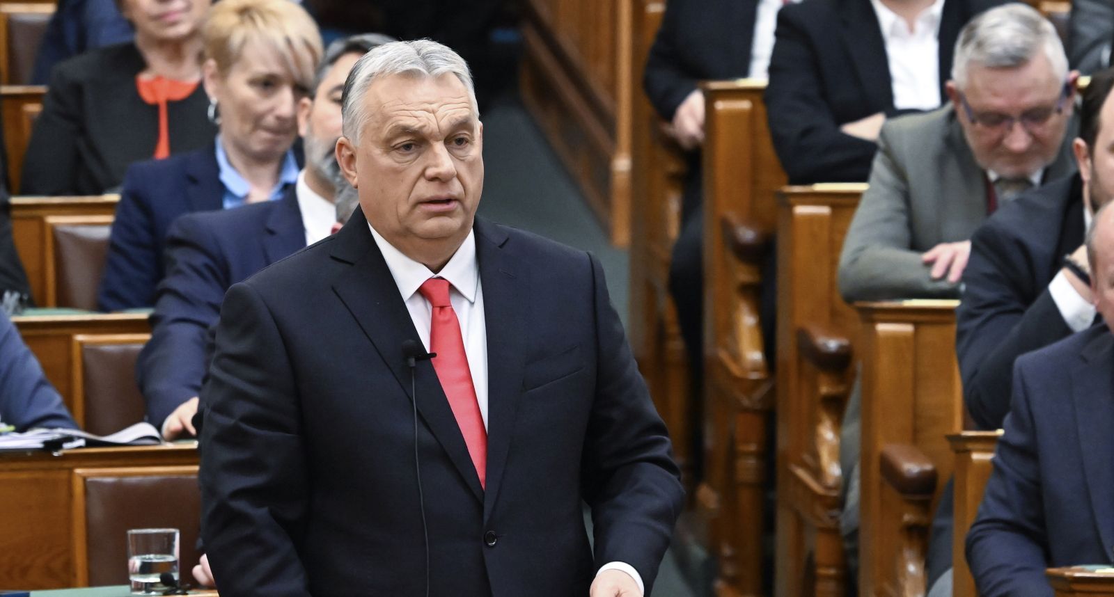 epa11921741 Hungarian Prime Minister Viktor Orban responds to the speeches of parliamentary faction leaders at the start of the spring session of the National Assembly in Budapest, Hungary, 24 February 2025.  EPA/ZOLTAN MATHE HUNGARY OUT