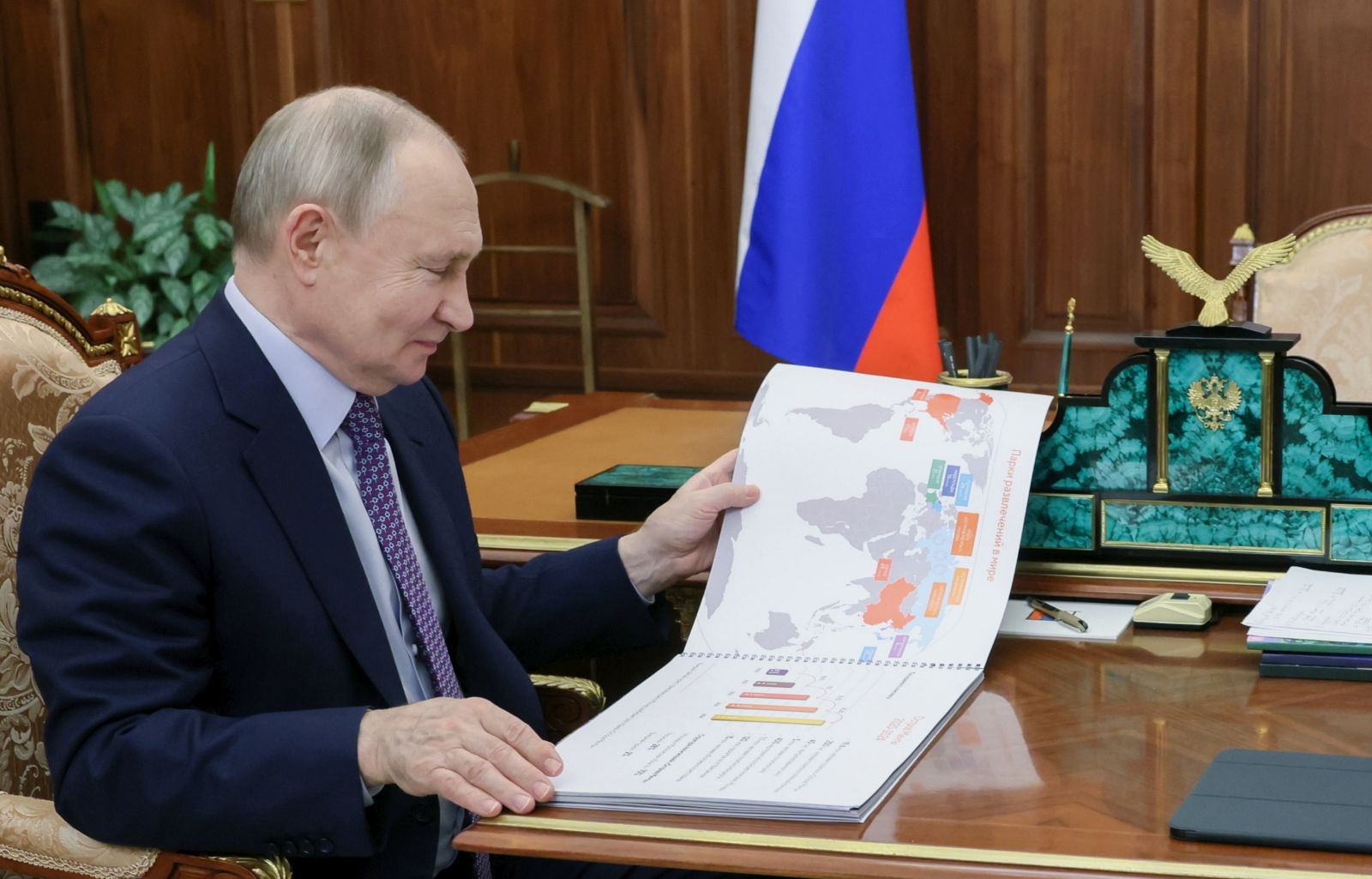 epa11923879 Russian President Vladimir Putin meets with Dream Island Holding Company Chairman of the Board Amiran Mutsoyev at the Kremlin in Moscow, Russia, 25 February 2025. During the meeting, the participants discussed the work of the Dream Island cultural and entertainment cluster in the Nagatinskaya Poima in Moscow.  EPA/GRIGORY SYSOEV / SPUTNIK / KREMLIN POOL MANDATORY CREDIT