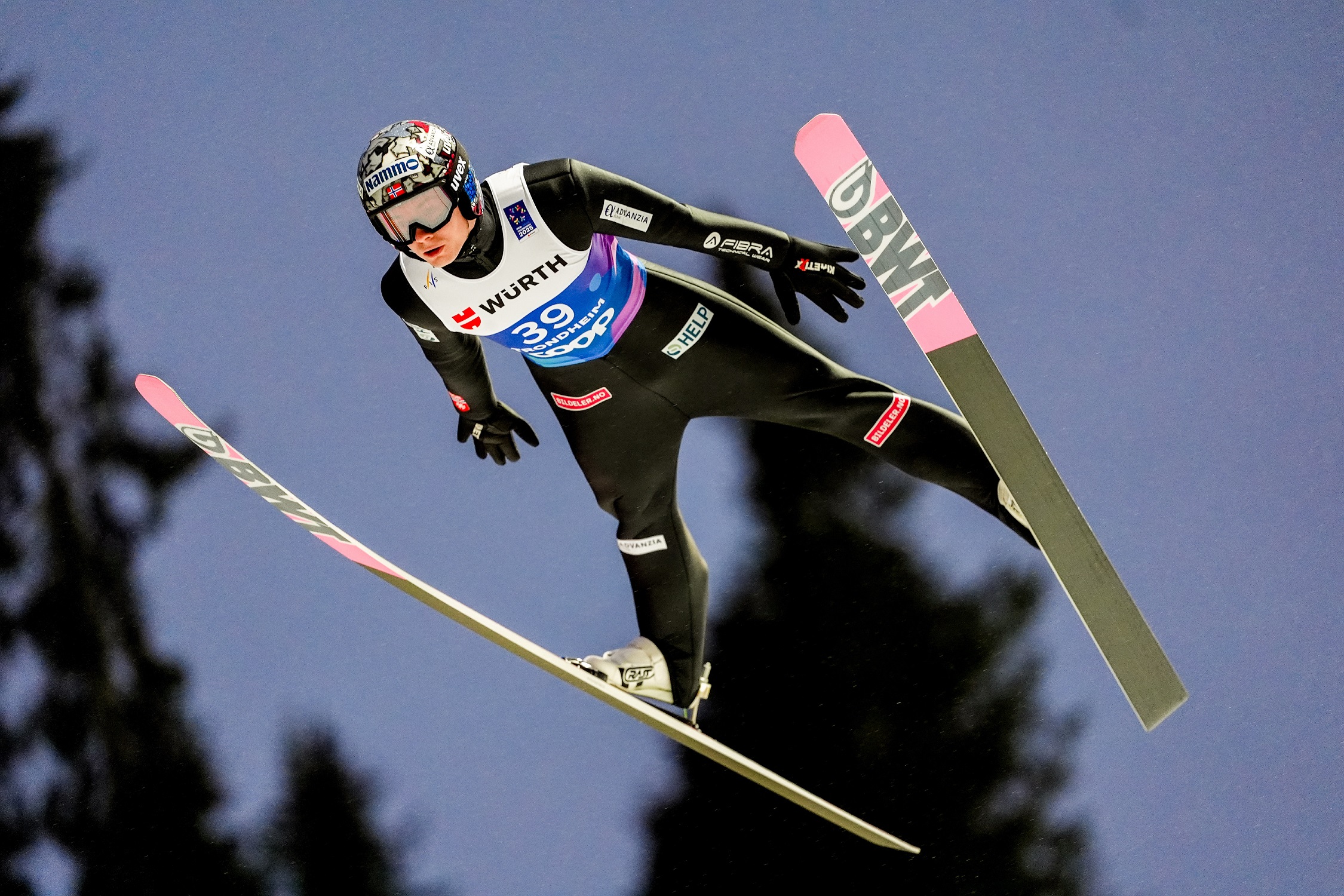 epa11935269 Marius Lindvik of Norway soars through the air during the Ski Jumping Individual Normal Hill
Men at the FIS Nordic World Ski Championships in Trondheim, Norway, 02 March 2025.  EPA/Terje Pedersen  NORWAY OUT