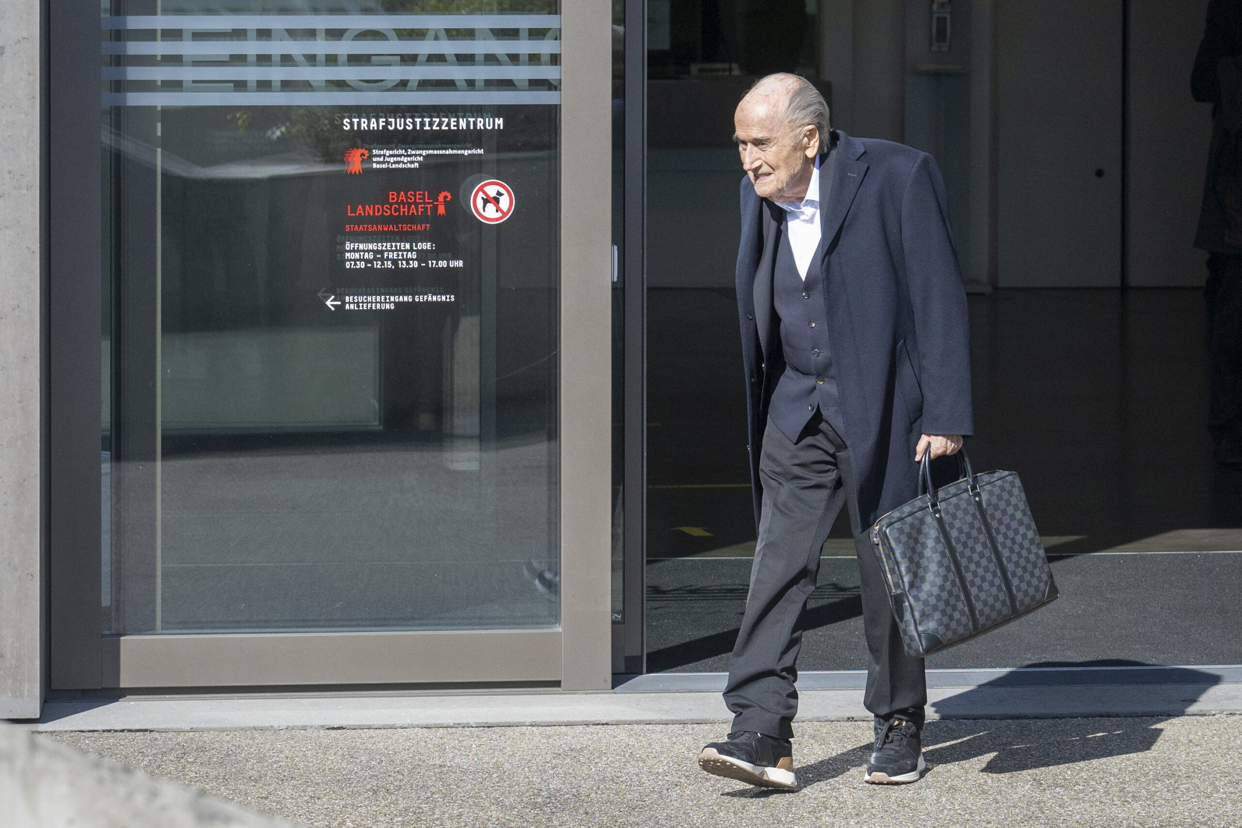 epa11942192 Former Fifa President, Joseph (Sepp) Blatter leaves the special appeals court, in Muttenz, Switzerland, 05 March 2025. A special appeals court, sitting in Muttenz near Basel, will hear request by Switzerland's Attorney General's office (OAG) to reopen proceedings against Blatter and Michel Platini over allegations of fraud. The appeal court will hold a hearing from Monday until Thursday and hand down a verdict by 25 March.  EPA/URS FLUEELER