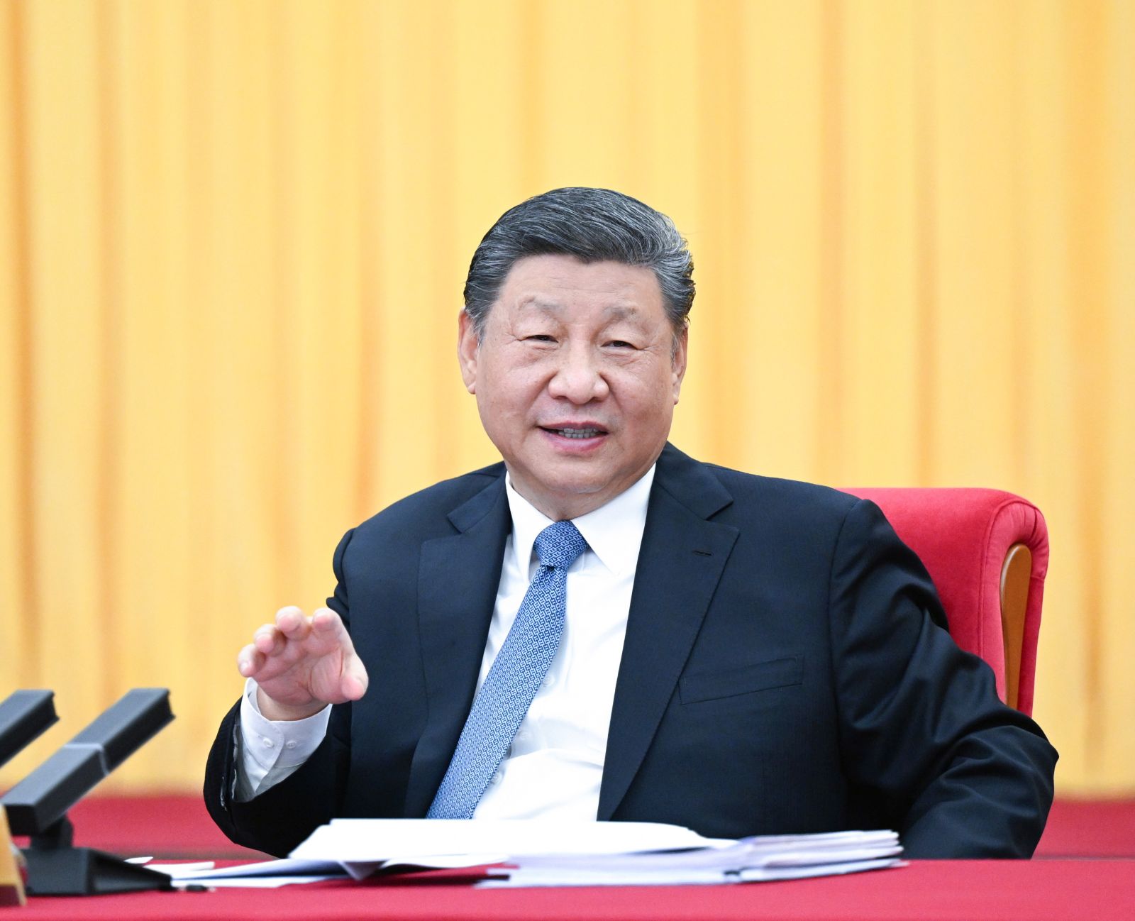 epa11944667 Chinese President Xi Jinping speaks during a visit to the national political advisors from the China Democratic League, the China Association for Promoting Democracy, and the sector of education, who are attending the third session of the 14th National Committee of the Chinese People's Political Consultative Conference (CPPCC), in Beijing, China, 06 March 2025.  EPA/XINHUA / Xie Huanchi CHINA OUT / UK AND IRELAND OUT  /       MANDATORY CREDIT EDITORIAL USE ONLY