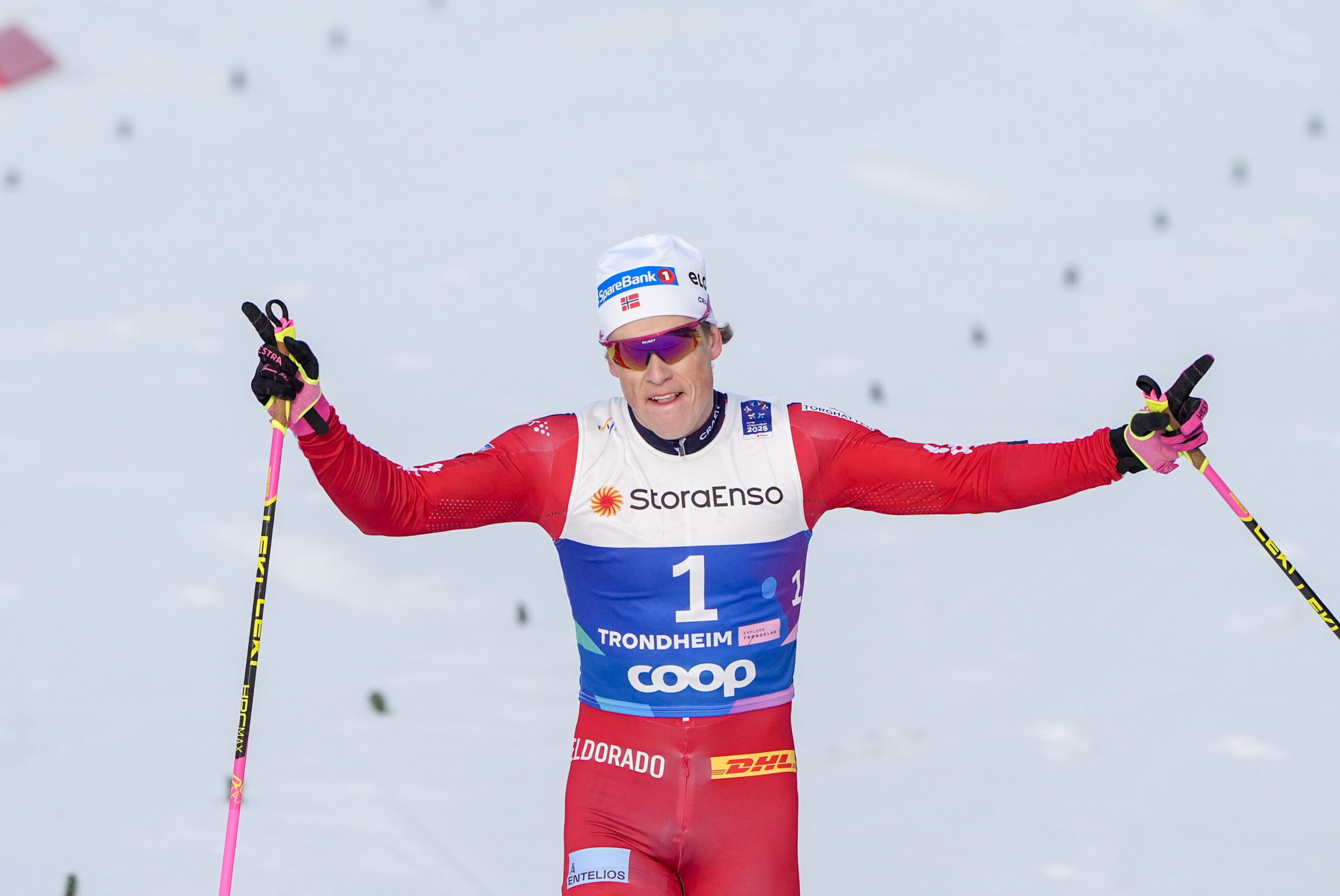 epa11948804 Johannes Hosflot Klaebo of Norway celebrates winning the Men's 50km Mass Start Free at the FIS Nordic World Ski Championships in Trondheim, Norway, 08 March 2025.  EPA/Lise Aserud  NORWAY OUT