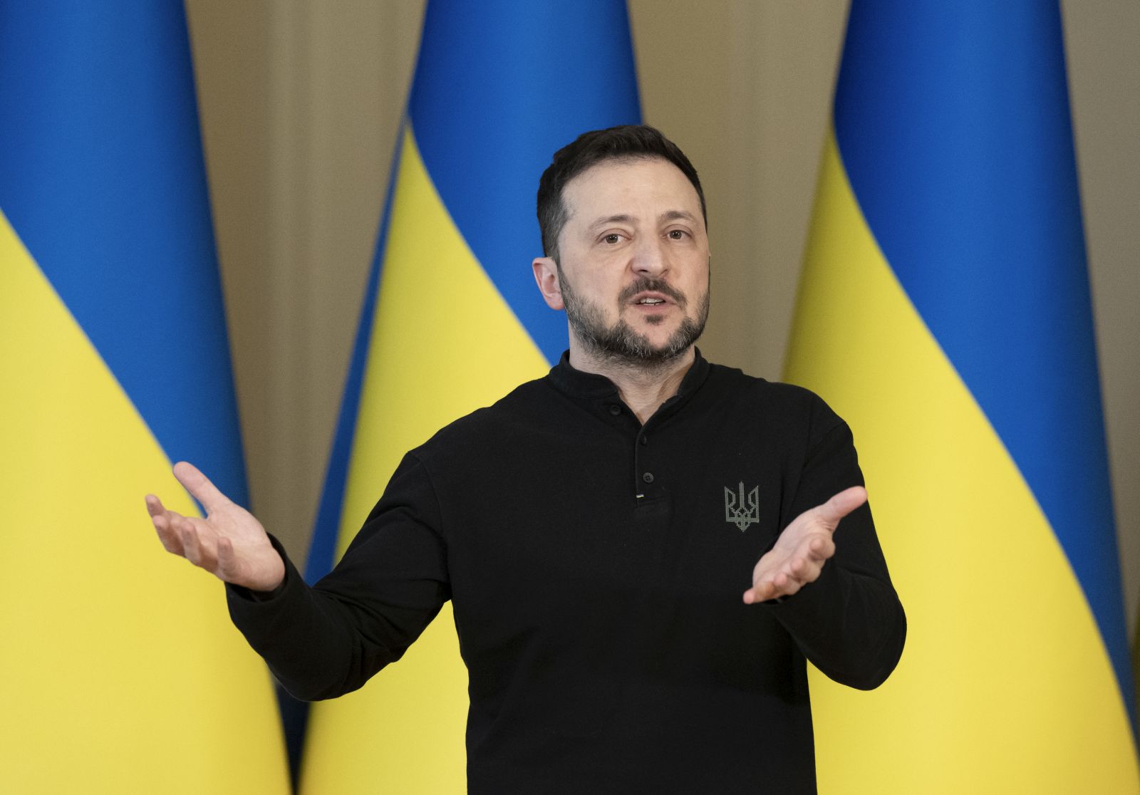 epa11958504 Ukrainian President Volodymyr Zelensky speaks at a press conference in Kyiv, Ukraine, 12 March 2025. President Zelensky informed journalists about the results of the US-Ukrainian talks in Jeddah, Saudi Arabia.  EPA/STRINGER