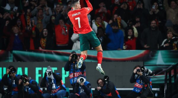 epa11984325 Portugal's Cristiano Ronaldo celebrates scoring a goal during the UEFA Nations League playoff second leg soccer match between Portugal and Denmark at Alvalade Stadium, in Lisbon, Portugal, 23 March 2025.  EPA/RODRIGO ANTUNES