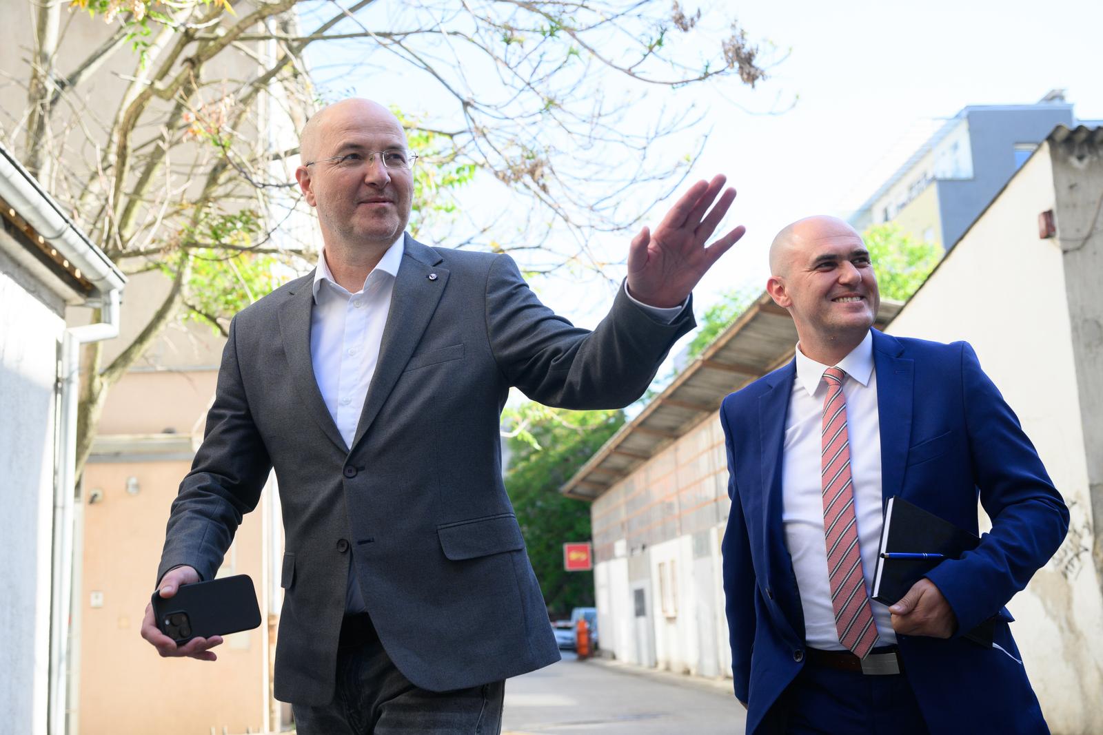 29.04.2024., Zagreb - Mario Radic (L) i Josip Dabro (D) dolaze na sjednicu Predsjednistva Domovinskog pokreta u sredisnjicu stranke u Vlaskoj. Photo: Davor Puklavec/PIXSELL