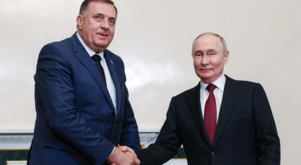 RUSSIA, ST PETERSBURG - JUNE 6, 2024: Republika Srpska President Milorad Dodik (L) and Russia's President Vladimir Putin shake hands during a meeting at the Constantine Palace on the sidelines of the 2024 St Petersburg International Economic Forum. Alexei Danichev/POOL/TASS/Sipa USA Photo: Tass/SIPA USA