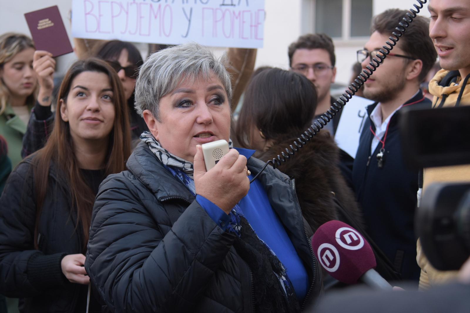 18, December, 2024, Nis - In the Nis City Assembly, Minister of Education Slavica Djukic Dejanovic attempted to present drafts of four laws in the field of education, after which a discussion was planned, but students stormed in demanding an apology from SNS MP Uros Radulovic for insulting them, and in front of the building, the dean of the Faculty of Philosophy Natalija Jovanovic addressed the students. Natalija Jovanovic. Photo: Radule Perisic/ATAImages

18, decembar, 2024, Nis - U Skupstini grada Nisa ministarka prosvete Slavica Djukic Dejanovic je pokusala da predstavi nacrte cetiri zakona u oblasti obrazovanja nakon cega je bila predvidjena diskusija, ali su studenti upali trazeci izvinjenje SNS poslanika Urosa Radulovica zbog vredjanja, a ispred zgrade studentima se obratila dekanica Filozofskog fakulteta Natalija Jovanovic. Photo: Radule Perisic/ATAImages Photo: Radule Perisic/ATAImages/PIXSELL
