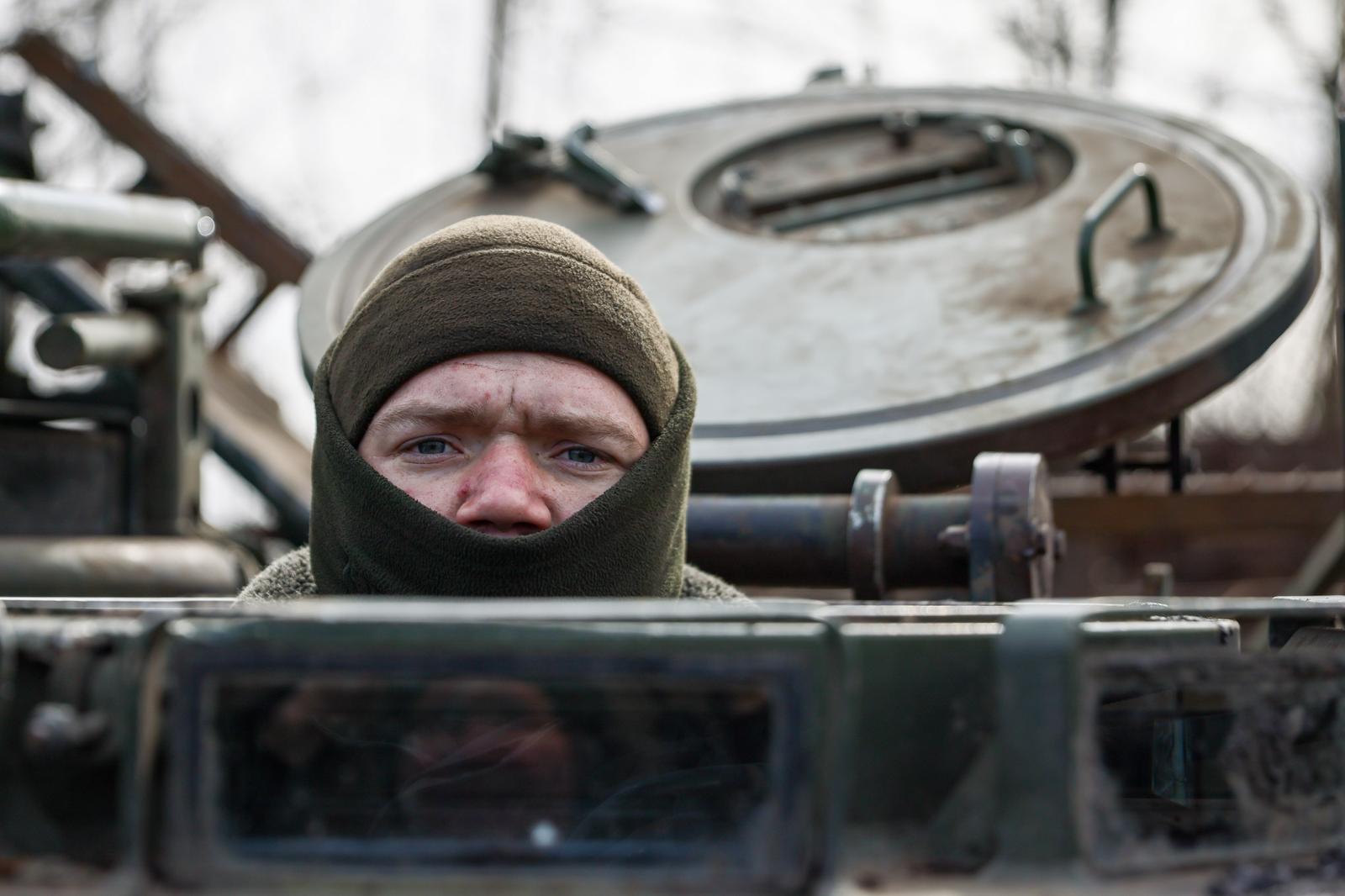 RUSSIA, LUGANSK PEOPLE'S REPUBLIC - MARCH 2, 2024: A serviceman is seen on an M113A2 armoured personnel cariier seized from the Armed Forces of Ukraine by Russian Army Central Military District units during the storming of Avdeyevka. Alexander Reka/TASS/Sipa USA Photo: Tass/SIPA USA