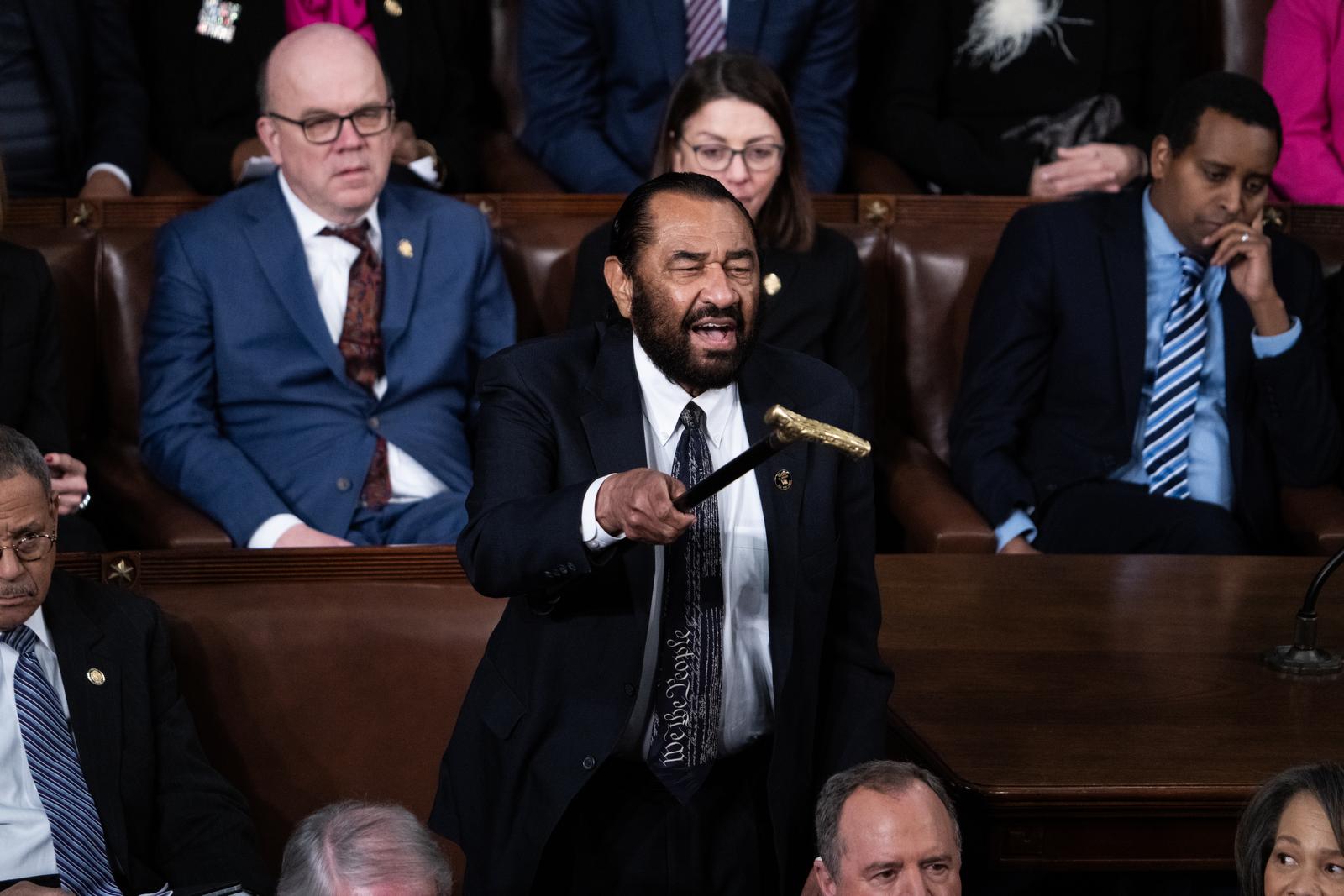 UNITED STATES - MARCH 4: Rep. Al Green, D-Texas, heckles President Donald Trump as he delivered his address to a joint session of Congress in the House Chamber of the U.S. Capitol on Tuesday, March 4, 2025. (Tom Williams/CQ Roll Call/Sipa USA)  Photo: CQ-Roll Call/SIPA USA