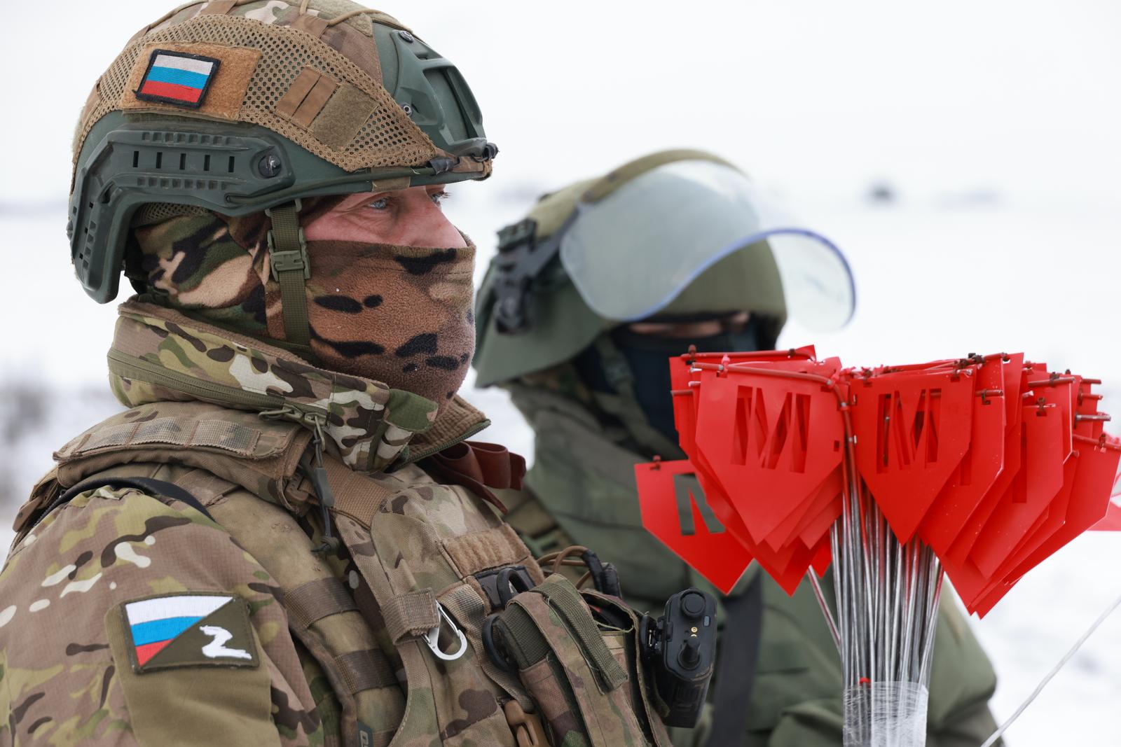 RUSSIA, KURSK REGION - FEBRUARY 6, 2025: Sappers with the Kursk Region Branch of the International Mine Action Centre of the Russian Armed Forces inspect a village in the Kursk Region's Bolshesoldatsky District for explosive ordnance. Vladimir Gerdo/TASS/Sipa USA Photo: Tass/SIPA USA