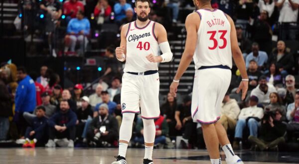 Mar 9, 2025; Inglewood, California, USA; LA Clippers center Ivica Zubac (40) and forward Nicolas Batum (33) react against the Sacramento Kings in the first half at Intuit Dome. Mandatory Credit: Kirby Lee-Imagn Images/Sipa USA Photo: Imagn Images/SIPA USA