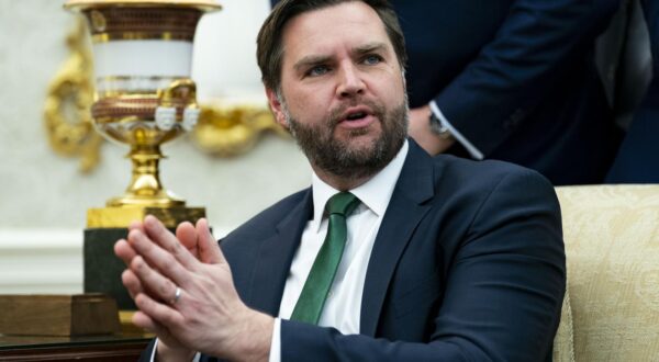 Vice President JD Vance speaks as President Donald Trump meets with Irish Taoiseach Micheal Martin in the Oval Office of the White House in Washington, DC on Wednesday, March 12, 2025. Photo by Bonnie Cash/Pool/Sipa USA Photo: Sipa USA/SIPA USA