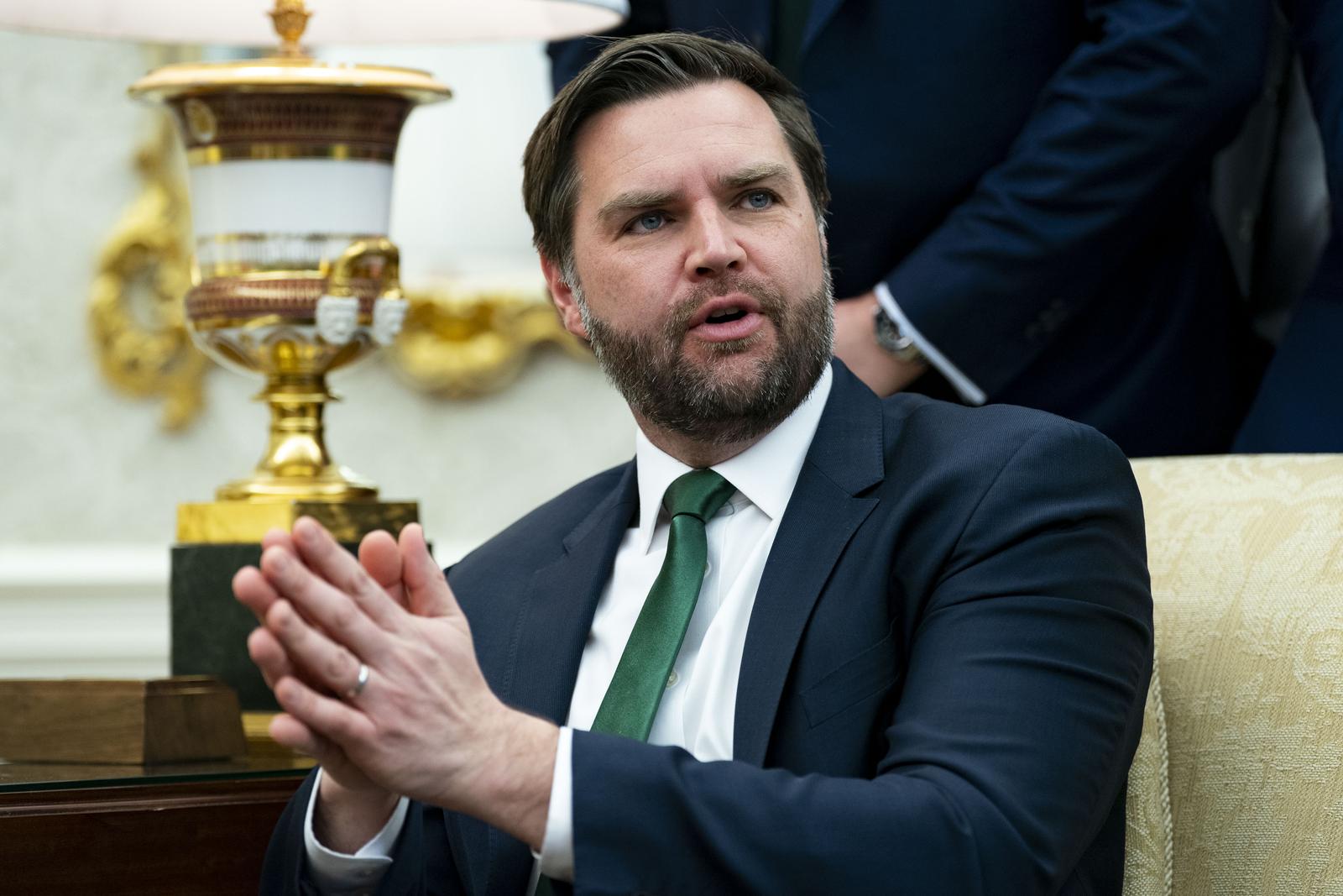 Vice President JD Vance speaks as President Donald Trump meets with Irish Taoiseach Micheal Martin in the Oval Office of the White House in Washington, DC on Wednesday, March 12, 2025. Photo by Bonnie Cash/Pool/Sipa USA Photo: Sipa USA/SIPA USA