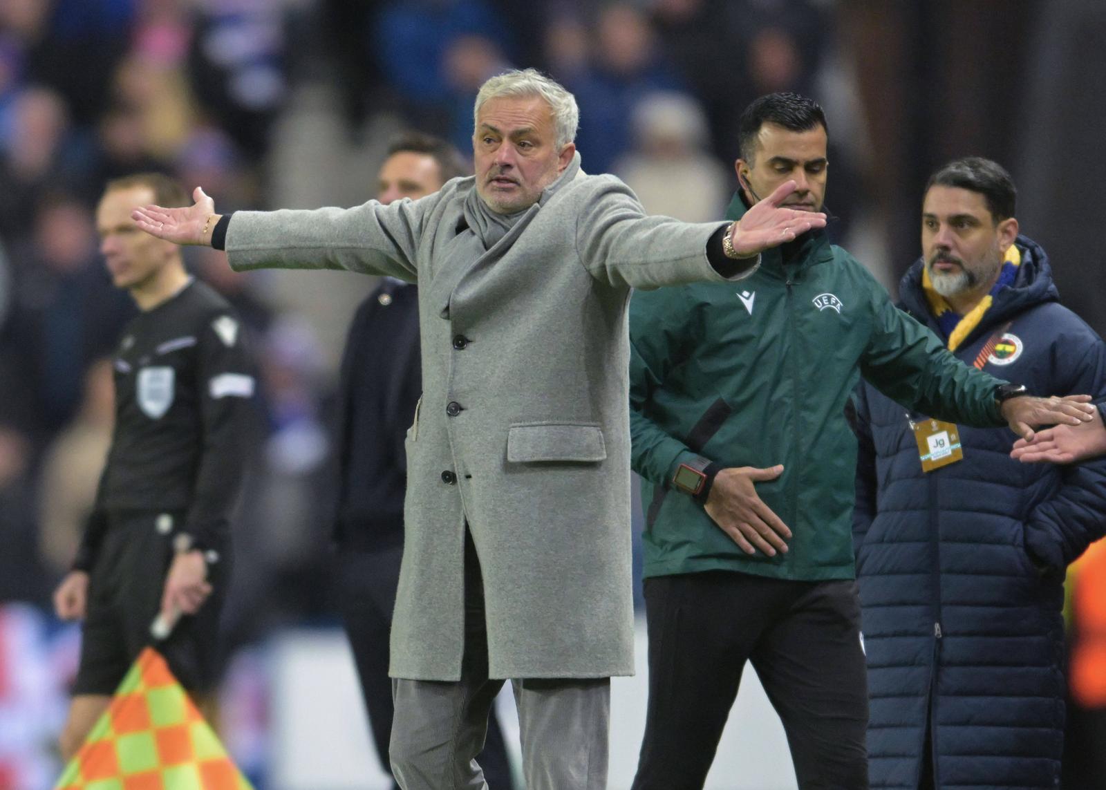 Glasgow, Scotland, 13th March 2025. Fenerbahce Manager JosÃ Mourinho after the UEFA Europa League match Rangers v Fenerbahce at Ibrox Stadium, Glasgow. Picture credit should read: Neil Hanna / Sportimage EDITORIAL USE ONLY. No use with unauthorised audio, video, data, fixture lists, club/league logos or live services. Online in-match use limited to 120 images, no video emulation. No use in betting, games or single club/league/player publications. SPI_046_NH_Rangers_Fenerbahc__e SPI-3743-0046 Photo: IMAGO/Neil Hanna/IMAGOSPORT