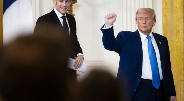 WASHINGTON  Feb. 24, 2025: U.S. President Donald Trump pumps his fist as he and French President Emmanuel Macron depart a joint news conference at the White House. Photo by Joshua Sukoff/Medill News Service/Sipa USA Photo: Joshua Sukoff/SIPA USA