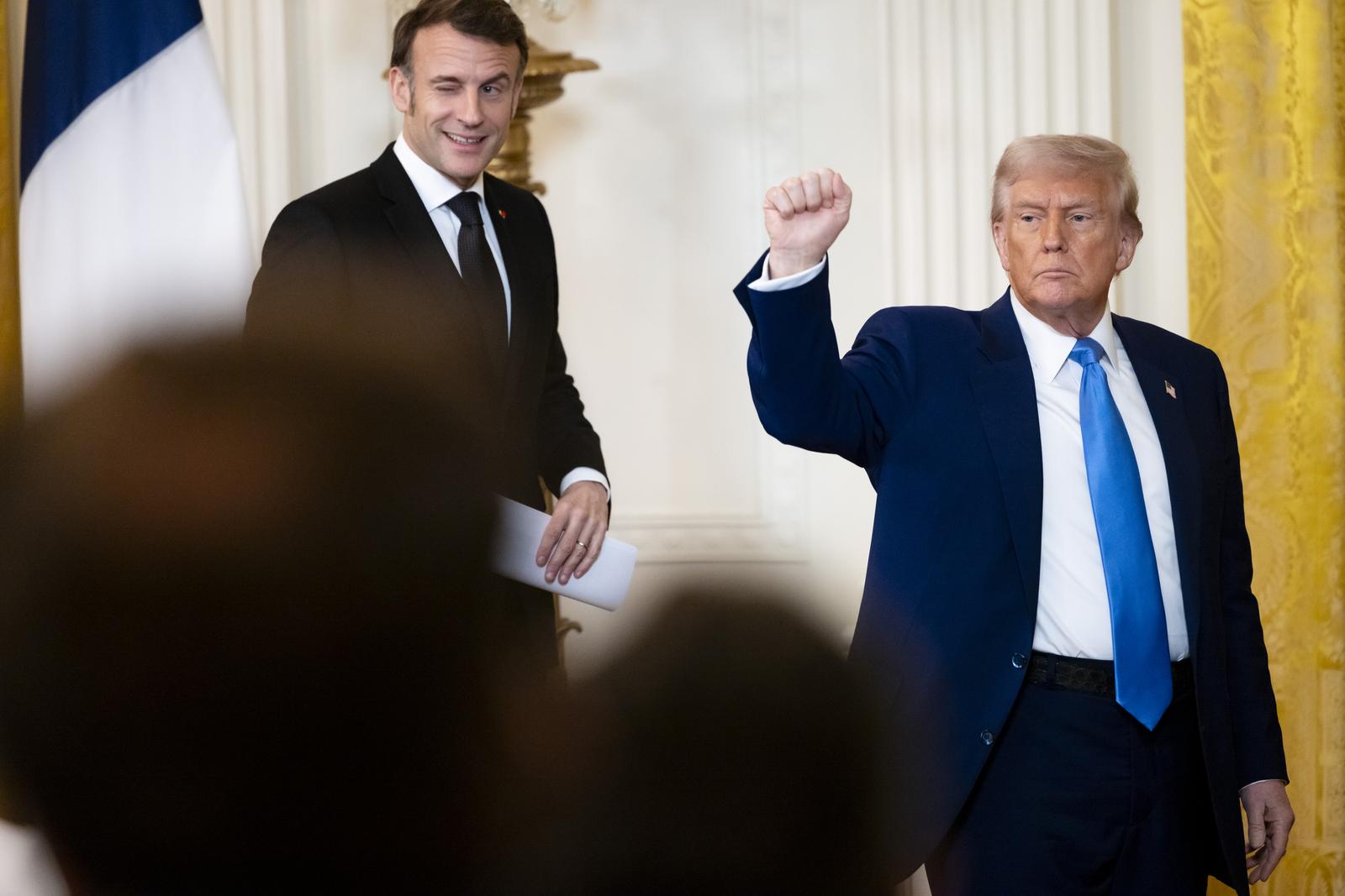 WASHINGTON  Feb. 24, 2025: U.S. President Donald Trump pumps his fist as he and French President Emmanuel Macron depart a joint news conference at the White House. Photo by Joshua Sukoff/Medill News Service/Sipa USA Photo: Joshua Sukoff/SIPA USA