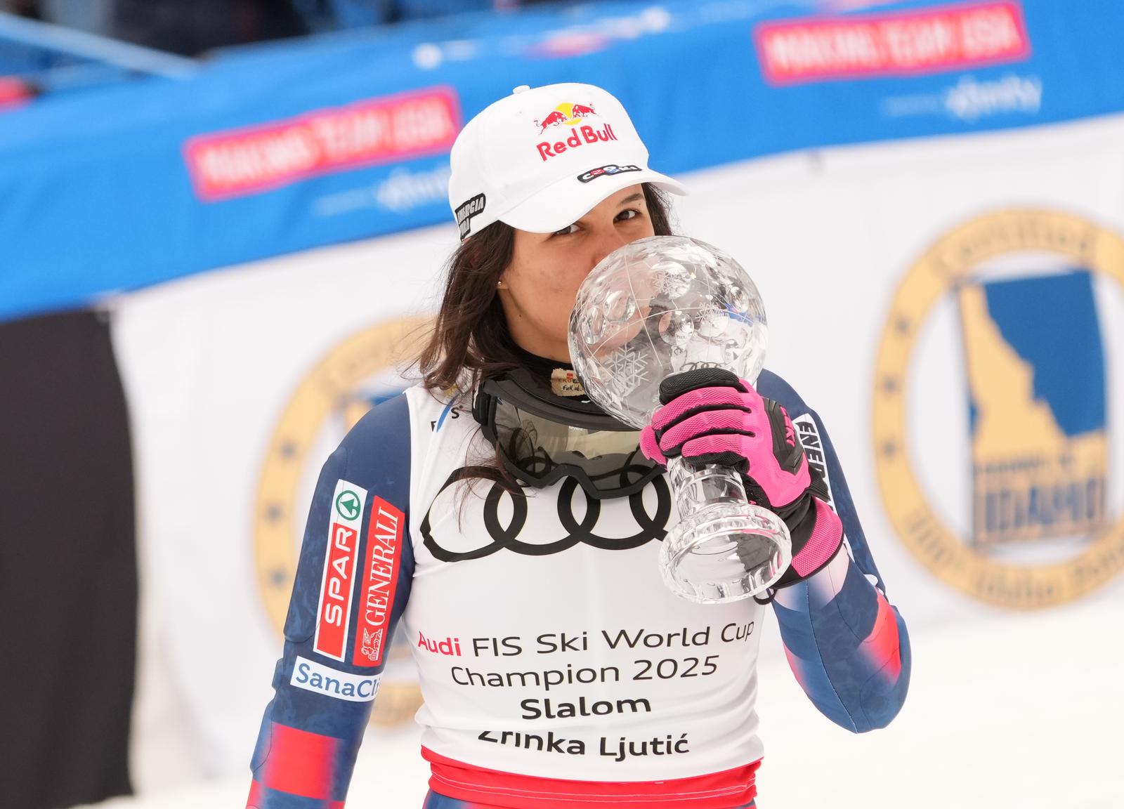Mar 27, 2025; Sun Valley, ID, USA; Slalom overall points winner Zrinka Ljutic of Croatia celebrates with the crystal globe after the slalom alpine skiing race in the 2025 FIS Ski World Cup at Sun Valley. Mandatory Credit: Michael Madrid-Imagn Images/Sipa USA Photo: Imagn Images/SIPA USA