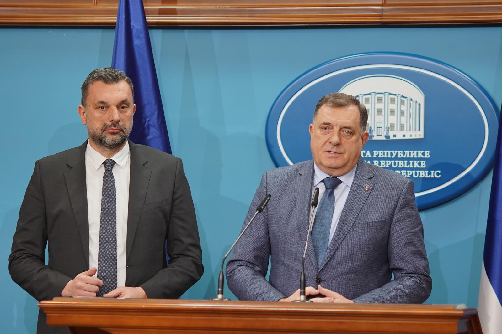 01.02.2023., Palata Republike, Banja Luka (BiH) – Predsjednik RS Milorad Dodik razgovarao je sa Elmedinom Konakovicem, novim ministrom vanjskih poslova BiH. Nakon sastanka je odrzana konferencija za novinare.
 Photo: Dejan Rakita/PIXSELL