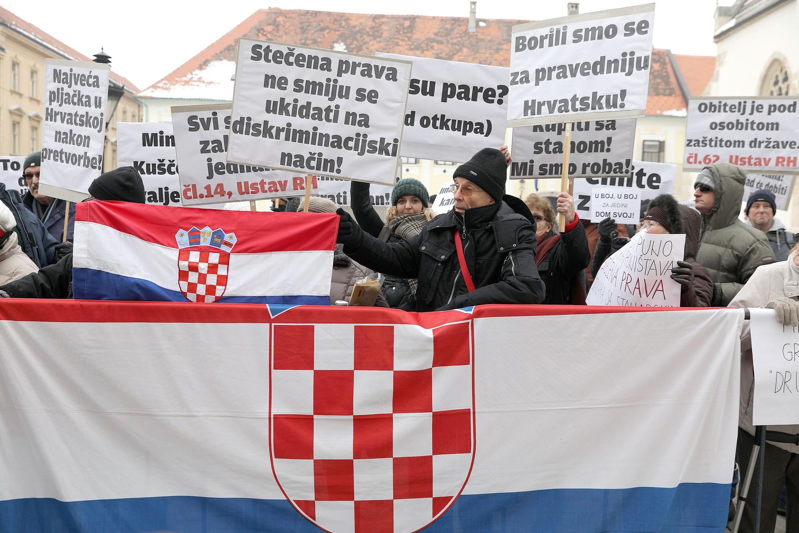 01.03.2018., Zagreb - Zasticeni najmoprimci prosvjedovali su danas ispred Sabora RH  zbog izmjena zakona o najmu stanova. rPhoto: Patrik Macek/PIXSELL