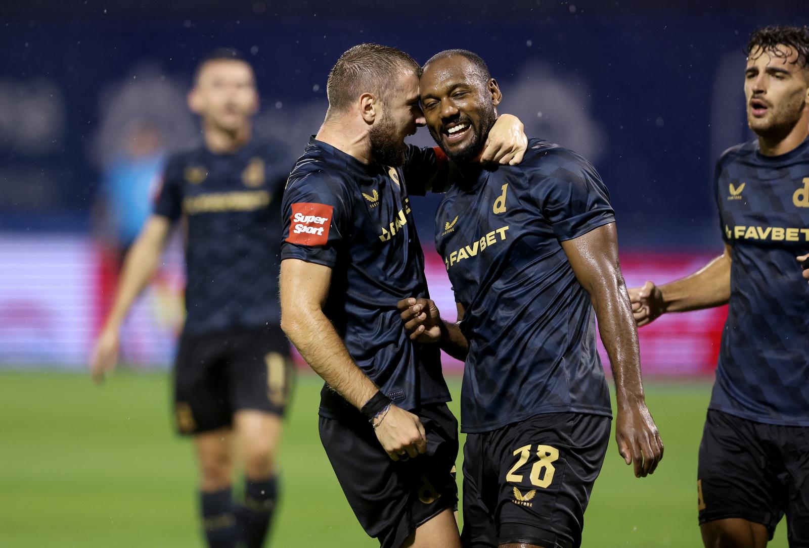 02.08.2024., stadion Maksimir, Zagreb - SuperSport HNL, 01. kolo, GNK Dinamo - NK Istra 1961. Slavlje nogometasa Dinama nakon pogotka Kevina Theophilea-Catherina za vodstvo 2:0. Stjepan Ristovski, Kevin Theophile-Catherine Photo: Goran Stanzl/PIXSELL