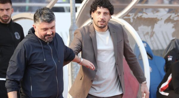 09.03.2025., stadion Poljud, Split - SuperSport HNL, 25. kolo, HNK Hajduk - HNK Gorica. Gennaro Gattuso i Mario Carevic Photo: Ivo Cagalj/PIXSELL