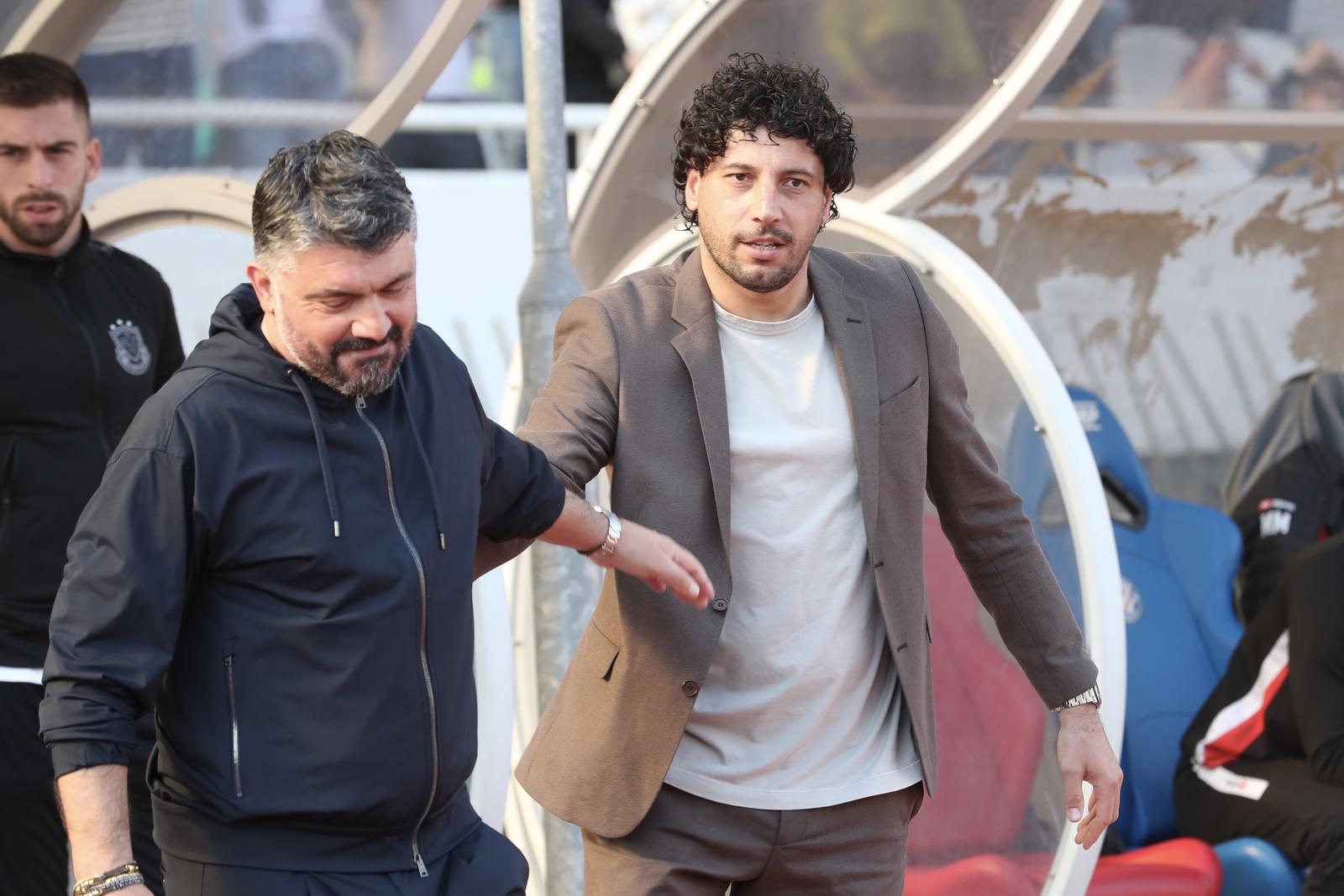 09.03.2025., stadion Poljud, Split - SuperSport HNL, 25. kolo, HNK Hajduk - HNK Gorica. Gennaro Gattuso i Mario Carevic Photo: Ivo Cagalj/PIXSELL