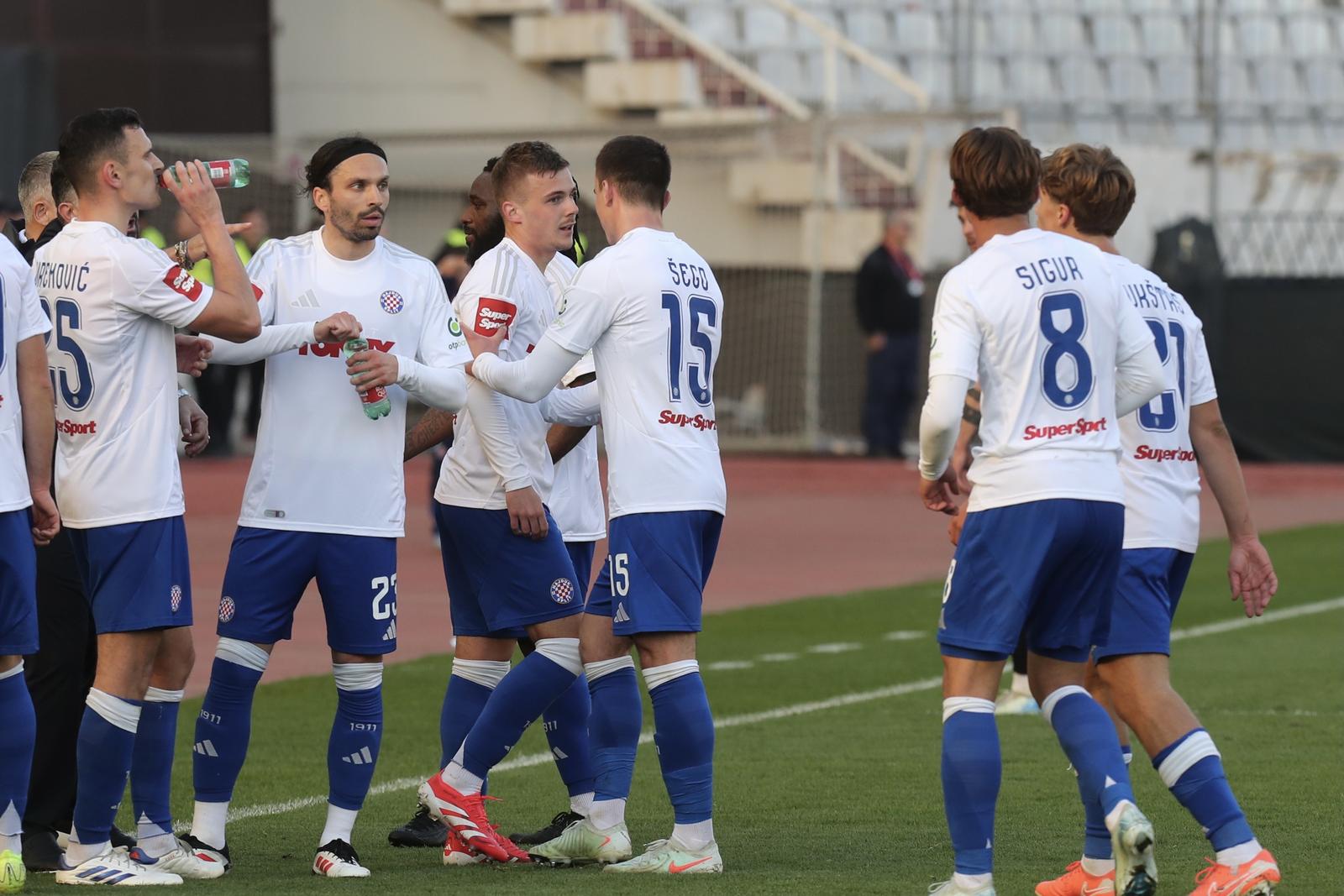 09.03.2025., stadion Poljud, Split - SuperSport HNL, 25. kolo, HNK Hajduk - HNK Gorica. Filip Uremovic, Filip Krovinovic, Ismael Diallo i Simun Hrgovic Photo: Ivo Cagalj/PIXSELL