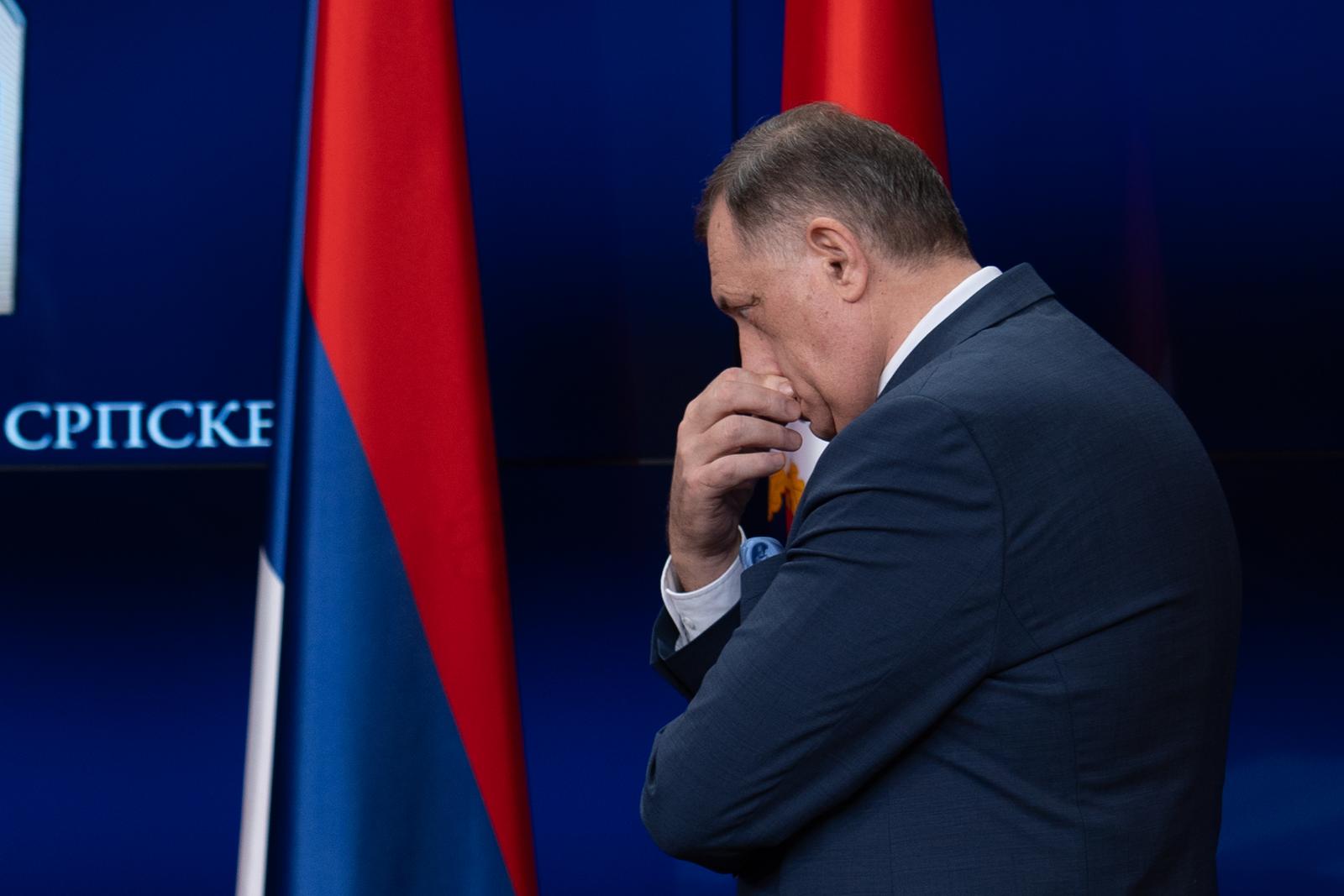 12.03.2025., Palata Republike, Banja Luka (BiH) - Konferencija za novinare predsjednika RS Milorada Dodika, predsjednika Narodne skupstine Srpske Nenada Stevandica i predsjednika Vlade Republike Srpske Radovana Viskovica povodom naloga za privodjenje politickog vrha Republike Srpske.
Photo: Dejan Rakita/Pixsell Photo: Dejan Rakita/PIXSELL