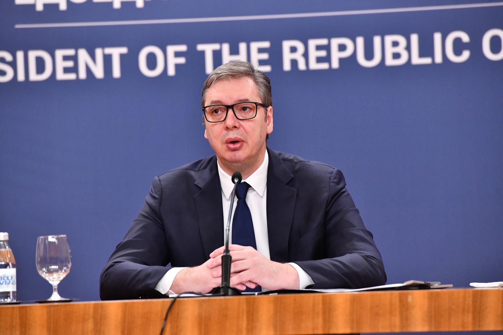 14, March, 2025, Belgrade - The President of the Republic of Serbia Aleksandar Vucic addressed the public in the Palace of Serbia. Aleksandar Vucic. Photo: L.L./ATAImages

14, mart, 2025, Beograd - Predsednik Republike Srbije Aleksandar Vucic obratio se javnosti u Palati Srbija povodom aktuelne politicke situacije u drzavi. Photo: L.L./ATAImages Photo: L.L./ATAImages/PIXSELL