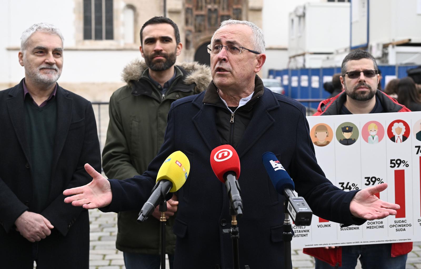15.03.2025., Zagreb - Nezavisni sindikat zaposlenih u srednjim skolama Hrvatske Zrinko Turalija, Nezavisni sindikat znanosti i visokog obrazovanja Matija Kroflin i Skolski sindikat Preporod Zeljko Stipic odrzali su konferenciju za medije o datumu strajka u obrazovanju i znanosti te placama.  Photo: Marko Lukunic/PIXSELL