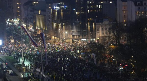 15, March, 2025, Belgrade - The large student protest "15 for 15" began at the Serbian Parliament, but then the decision was made to hold the main part of the protest at Slavija, so the crowd headed towards Slavija.  Photo: Antonio Ahel/ATAImages

15, mart, 2025, Beograd - Veliki studentski protest "15. za 15" poceo je kod Skupstine Srbije, ali je onda doneta odluka da se glavni deo protesta odrzi na Slaviji pa su okupljeni krenuli ka Slaviji. Photo: Antonio Ahel/ATAImages Photo: Antonio Ahel/PIXSELL