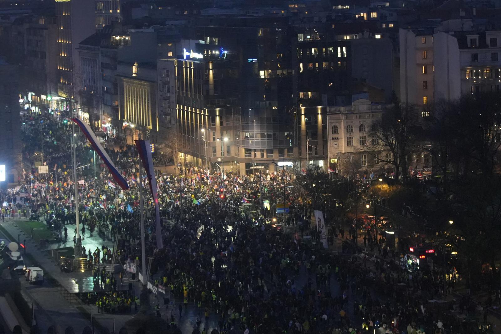 15, March, 2025, Belgrade - The large student protest "15 for 15" began at the Serbian Parliament, but then the decision was made to hold the main part of the protest at Slavija, so the crowd headed towards Slavija.  Photo: Antonio Ahel/ATAImages

15, mart, 2025, Beograd - Veliki studentski protest "15. za 15" poceo je kod Skupstine Srbije, ali je onda doneta odluka da se glavni deo protesta odrzi na Slaviji pa su okupljeni krenuli ka Slaviji. Photo: Antonio Ahel/ATAImages Photo: Antonio Ahel/PIXSELL