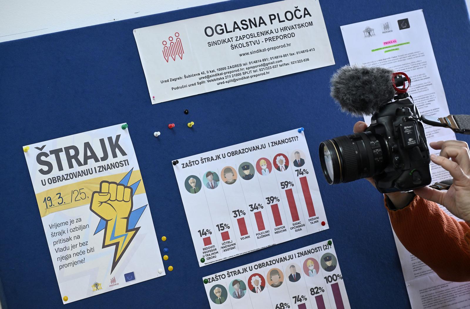 19.03.2025., Zagreb - U organizaciji Nezavisnog sindikata zaposlenih u srednjim skolama Hrvatske, Nezavisnog sindikata znanosti i visokog obrazovanja i Skolskog sindikata Preporod odrzali su strajk u brojnim osnovnim i srednjim skolama. Photo: Marko Lukunic/PIXSELL