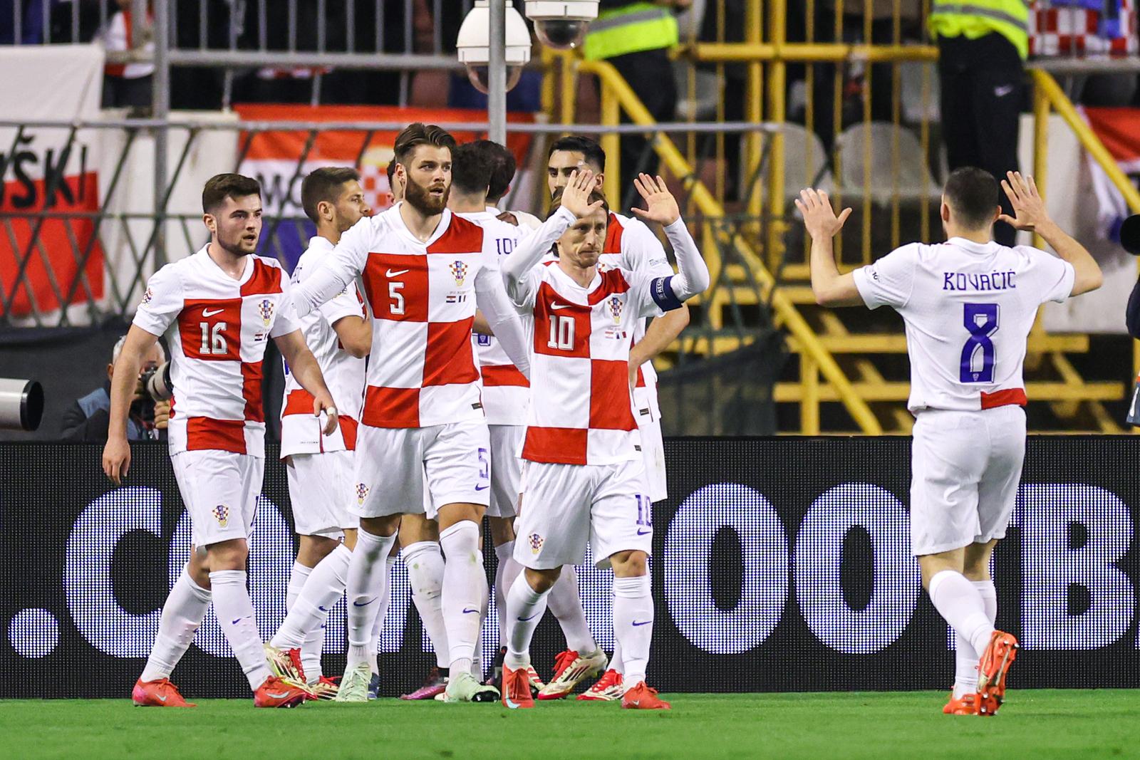 20.03.2025., stadion Poljud - UEFA Liga nacija, cetvrtfinale, prva utakmica, Hrvatska - Francuska. Martin Baturina, Andrej Kramaric, Duje Caleta Car, Josip Sutalo i Luka Modric Photo: Igor Kralj/PIXSELL