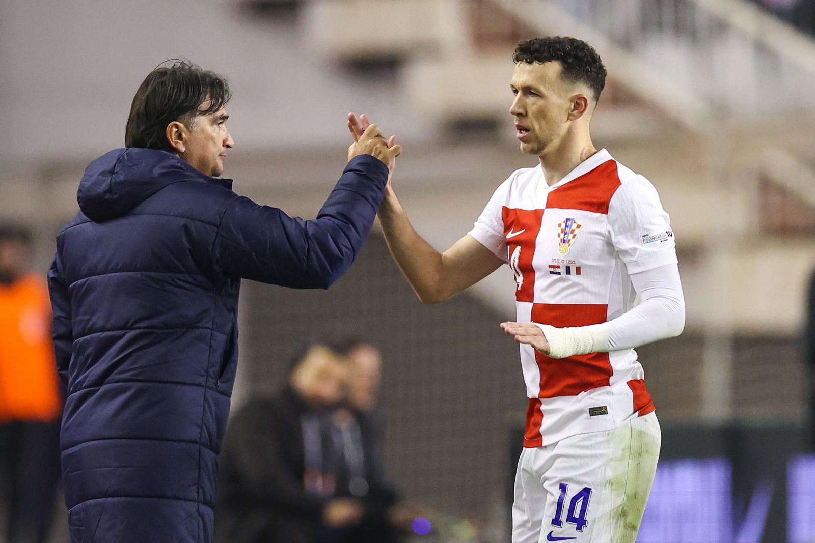 20.03.2025., stadion Poljud - UEFA Liga nacija, cetvrtfinale, prva utakmica, Hrvatska - Francuska. Zlatko Dalic i Ivan Perisic Photo: Igor Kralj/PIXSELL