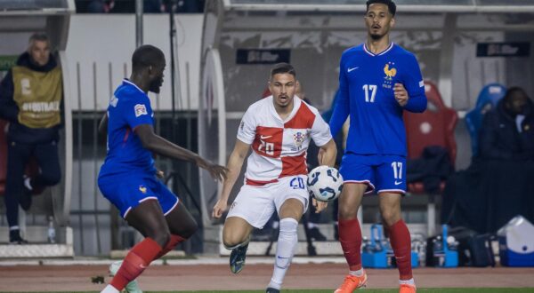 20.03.2025., stadion Poljud - UEFA Liga nacija, cetvrtfinale, prva utakmica, Hrvatska - Francuska. Dayot Upamecano, Franjo Ivanovic i William Saliba Photo: Zvonimir Barisin/PIXSELL
