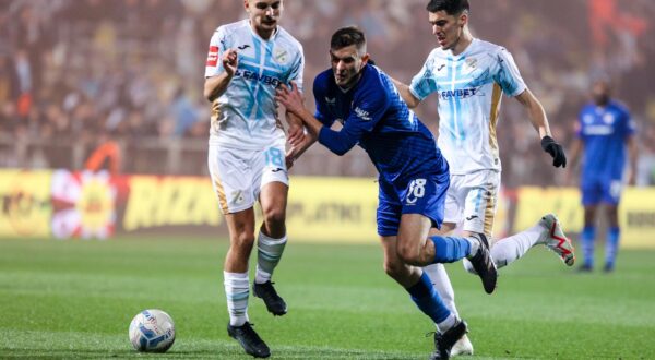 22.02.2025., stadion Rujevica, Rijeka - SuperSport HNL, 23. kolo, HNK Rijeka - GNK Dinamo. Bartol Franjic, Lindon Selahi, Niko Jankovic. Photo: Nel Pavletic/PIXSELL