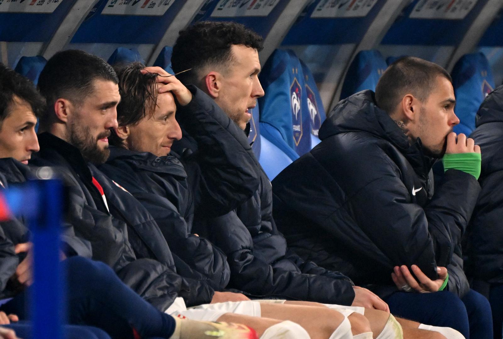 23.03.2025., Pariz, Francuska - UEFA Liga nacija, cetvrtfinale, druga utakmica, Francuska - Hrvatska. Ante Budimir, Mateo Kovacic, Luka Modric, Ivan Perisic, Dominik Kotarski Photo: Icon Sport/PIXSELL