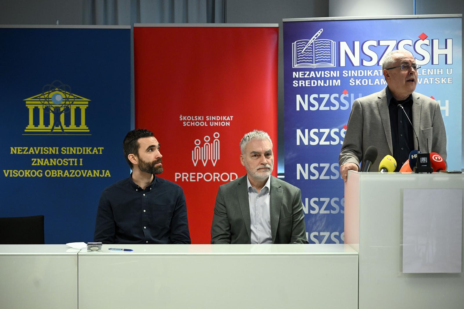 24.03.2025., Zagreb - Zajednicka konferencija za medije Nezavisnog sindikata zaposlenih u srednjim skolama Hrvatske, Nezavisnog sindikata znanosti i visokog obrazovanja i skolskog sindikata na temu najave daljnjih sindikalnih aktivnosti u obrazovanju i znanost. Matija Kroflin, Zrinko Turalija i Zeljko Stipic Photo: Marko Lukunic/PIXSELL