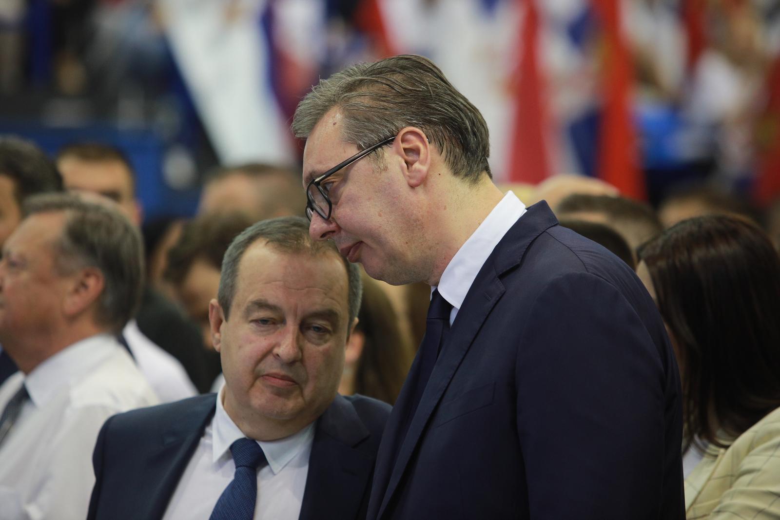 28, May, 2024, Belgrade - The pre-election meeting of the coalition of parties gathered around SNS on the "Aleksandar Vucic - Belgrade tomorrow" electoral list was held in the Ranko Zeravica Sports Hall. Ivica Dacic, Aleksandar Vucic. Photo: Milos Tesic/ATAImages

28, maj, 2024, Beograd - U Hali sportova Ranko Zeravica odrzan je predizborni skup koalicije stranaka okupljenih oko SNS na izbornoj listi "Aleksandar Vucic - Beograd sutra". Photo: Milos Tesic/ATAImages Photo: Milos Tesic/ATAImages/PIXSELL